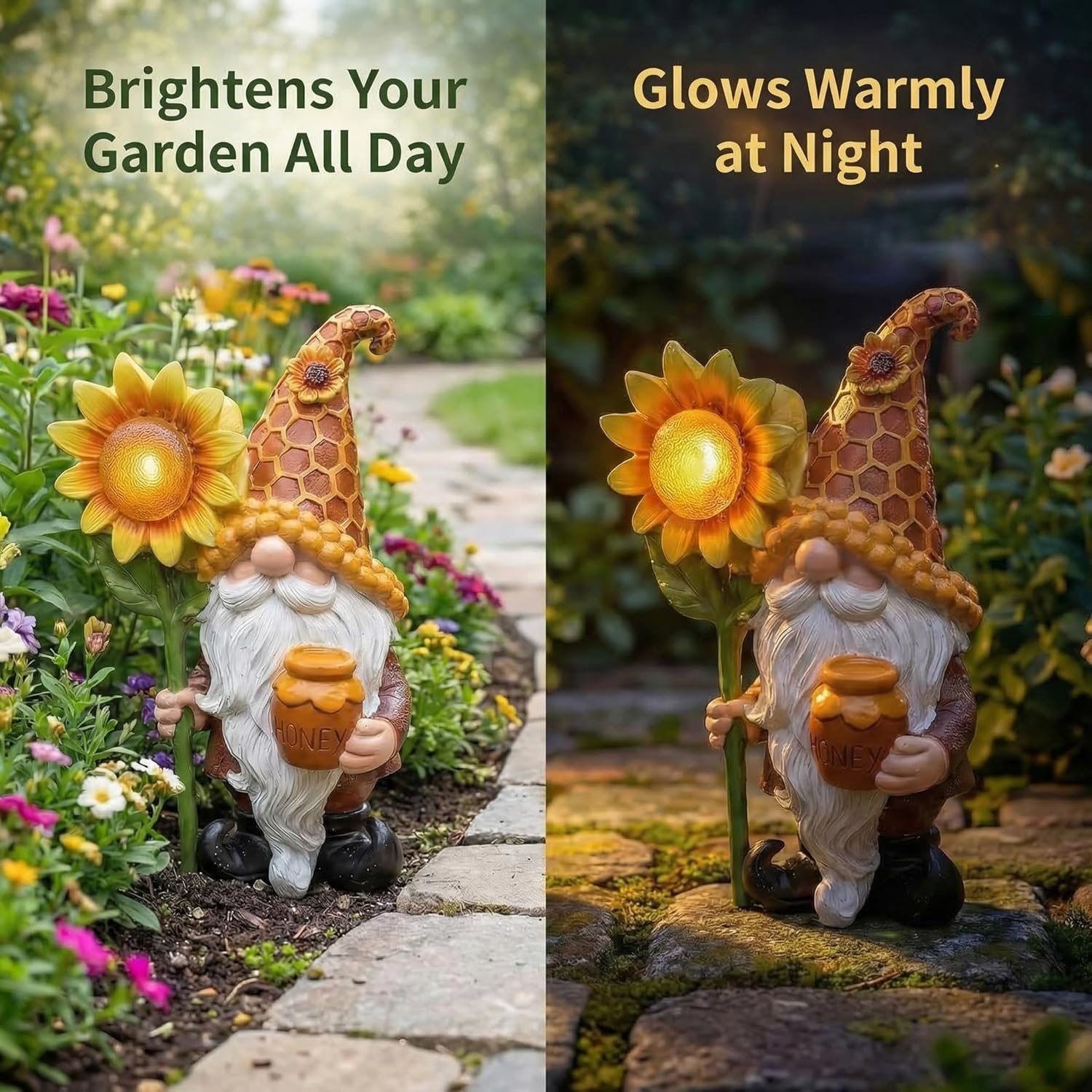 Lyeasw Solar Garden Gnome Statues with Sunflower Light - Outdoor Yard Decor - Honey Pot Gnome Figurines for Patio Lawn Walkway & Backyard, Unique Welcome Garden Gifts for Mom & Grandma