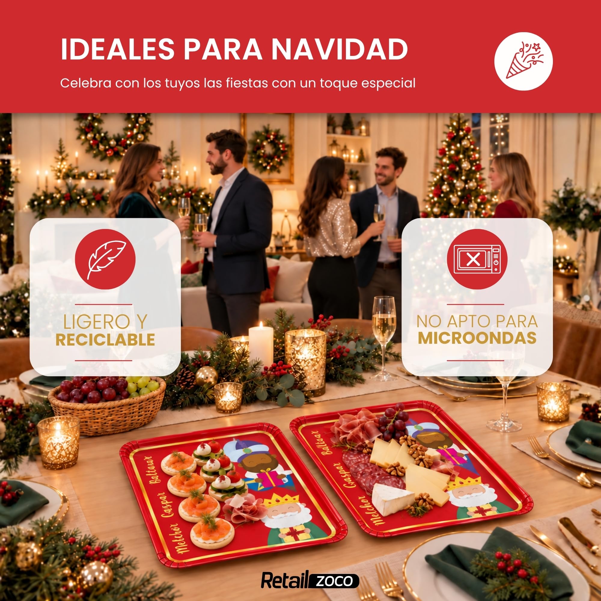 Bandejas de Cartón para Servir, Diseño Reyes Magos Rojo, 6 Unidades - imagen 5