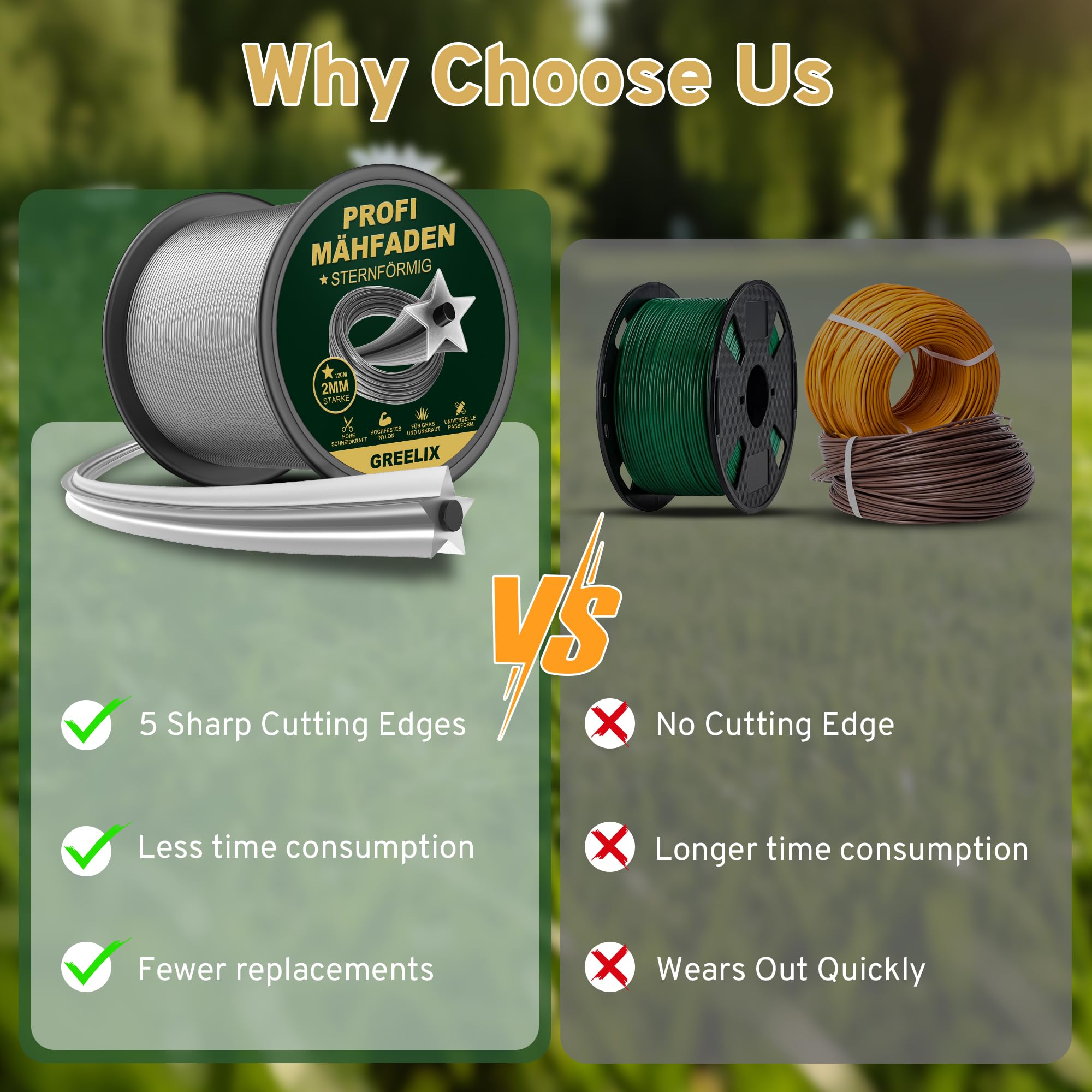 GREELIX Fil Débroussailleuse 3mm x 120m – Profil Étoile en Fil de Coupe Renforcé en Nylon pour Débroussailleuse et Coupe-Bordures, Coupe Nette - 5
