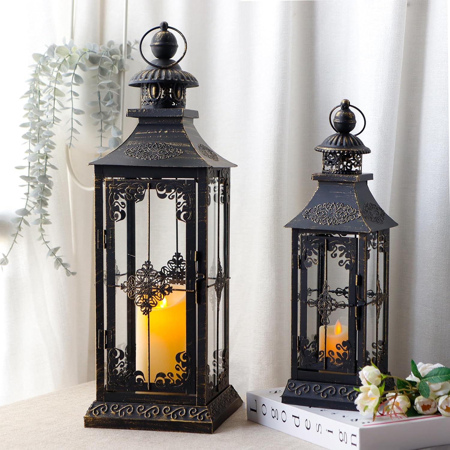 TRIROCKS Set of 2 Decorative Lanterns 21.5'' & 16" H Vintage Hanging Tower Lantern Metal Candle Holder with Tempered Glass for Indoor Outdoor Home Decor Parties Garden Wedding Patio