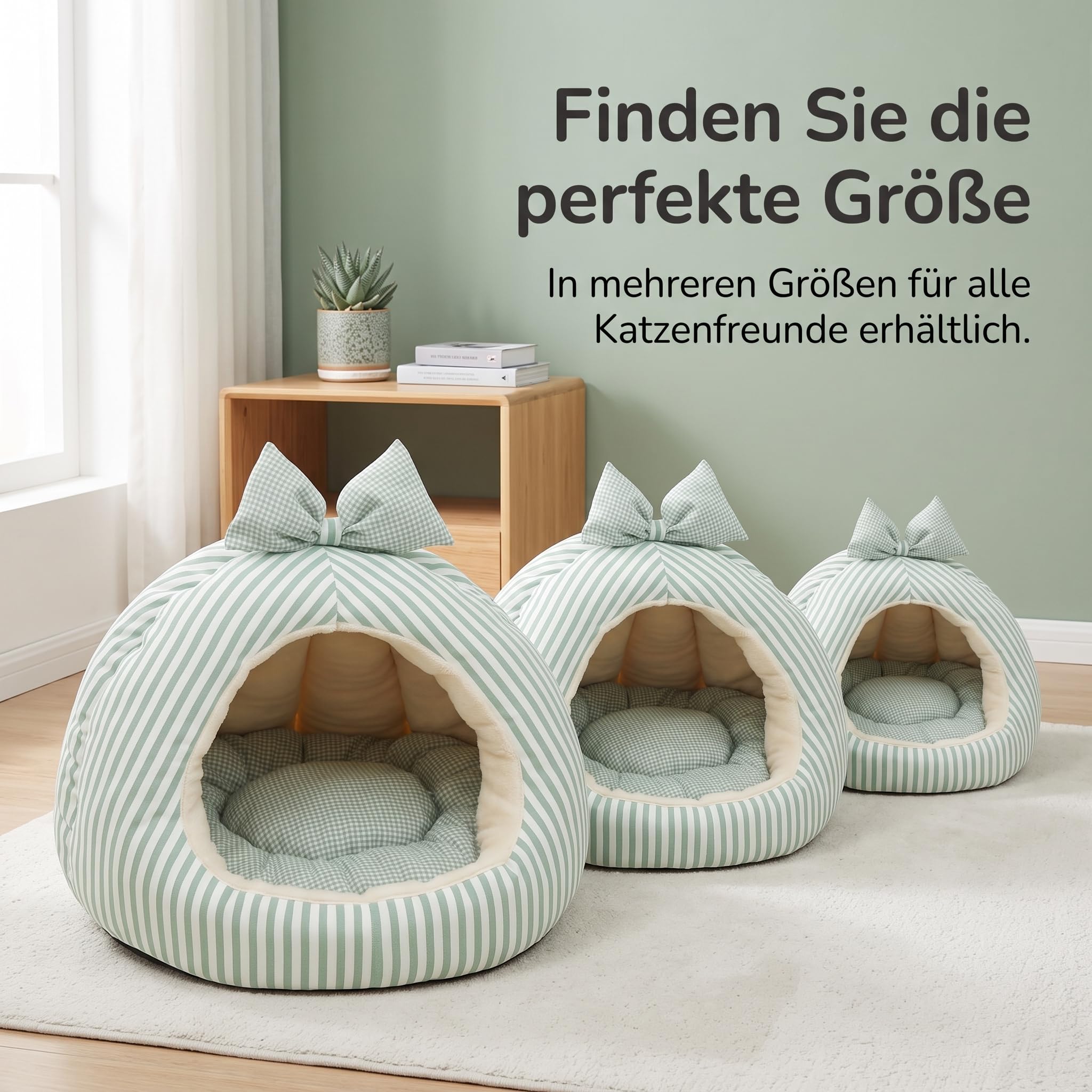 Gestreiftes Katzenbett, Katzenhöhle aus, Katzenkörbchen für Katzen, gemütlicher Katzen Schlafplatz für den Winter, Grünes Schleifennest, M (bis 12 kg) 52 * 52 * 40CM