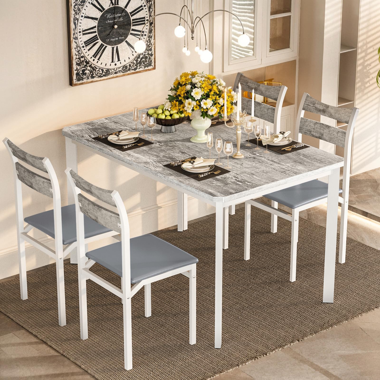 DKLGG Dining Table Set for 4, 43.3" Dining Room with 4 Upholstered PU Leather Chairs, Modern Wood Table and Chairs Set, 5-Piece Dinette Breakfast Nook, Small Places, Grey