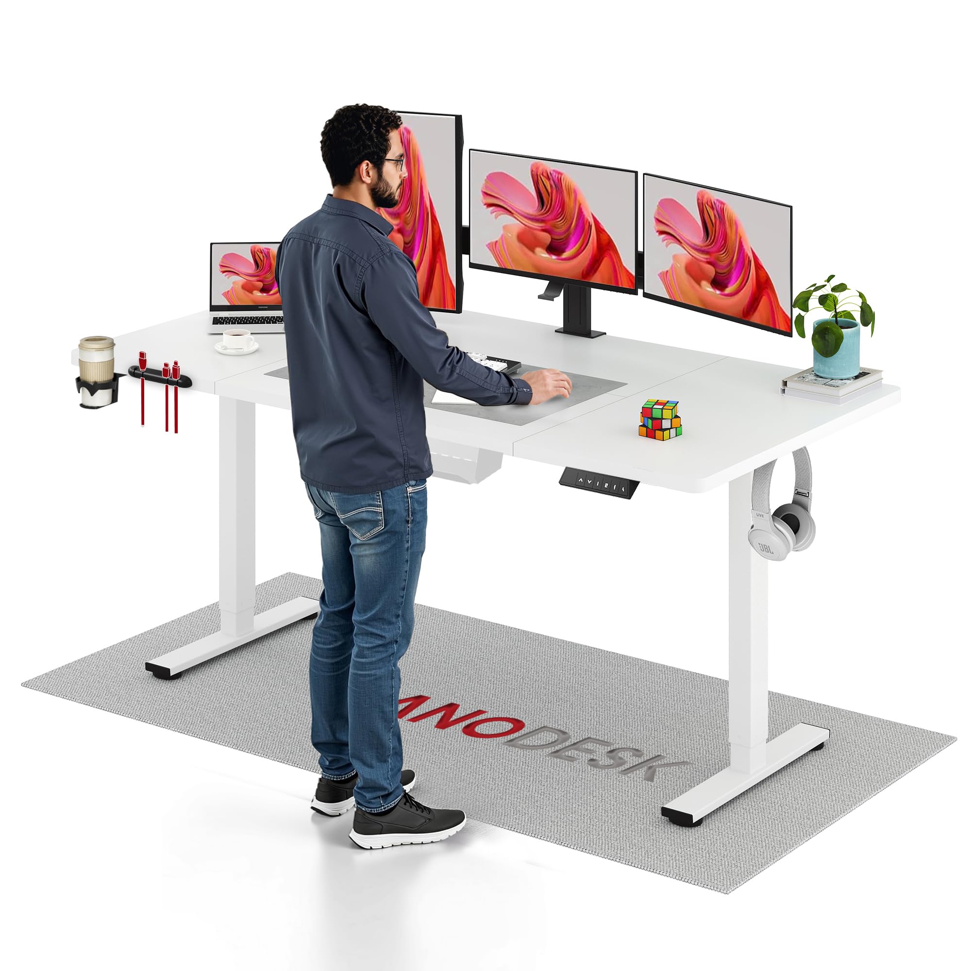SANODESK Electric Height Adjustable Standing Desk 180 * 80cm With Cable Management and Under Desk Storage Adjustable Desk 4-Memory Smart Pannel With Hooks&Cupholder (White Frame+White Desktop) — image 1