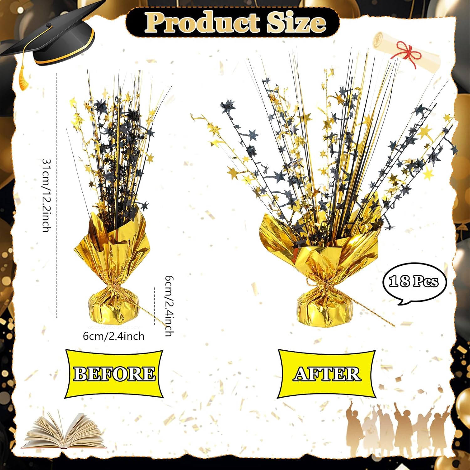 18 Pack 2026 Graduation Table Centerpiece Decoration Metallic Foil Spray Centerpiece Glitter Star Brust Table Topper Decoration for Graduation Birthday New Year Holiday Party Supplies (Black and Gold)