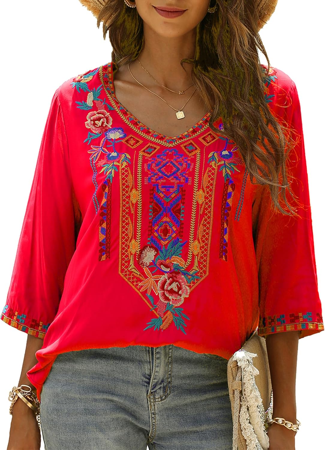 Mexican Shirts Peasant Blouses Bohemian Embroidered Tops Boho Clothes for Women (US, Alpha, 2X-Large, Regular, Regular, red-328) - Image 2