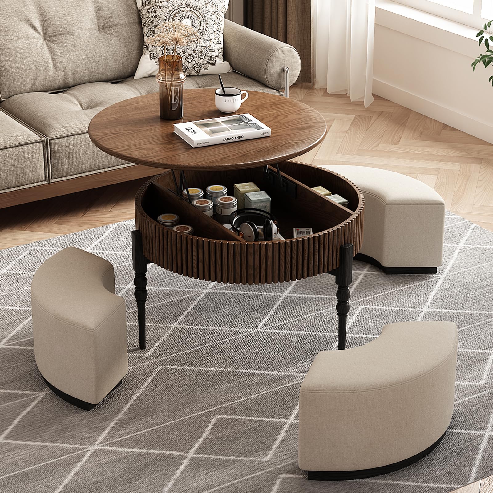 Lartis Modernes rundes Couchtisch-Set, Walnuss-Finish mit Stauraumschublade und Hockern, 2-teiliges Set für das Wohnzimmer