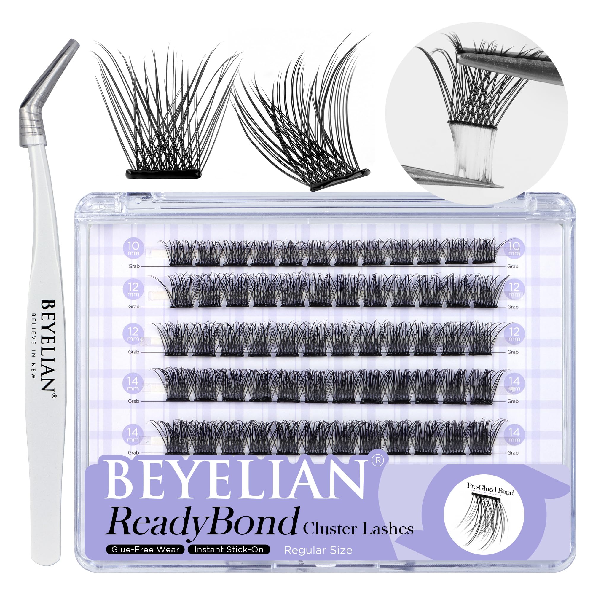 BEYELIAN Cluster Lashes Self Adhesive Eyelashes, 72 Pcs D+ Curl Pre Glued Eyelashes ReadyBond Lashes 10-16mm Mixed DIY Press on Cluster Eyelash Extensions at Home (R38)