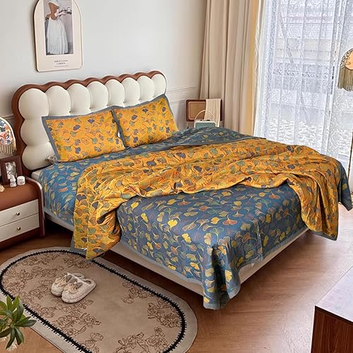 Juego de edredón reversible de ginkgo tamaño King con 2 fundas de almohada, juego de colcha de algodón suave, ligero y acolchado para todas las