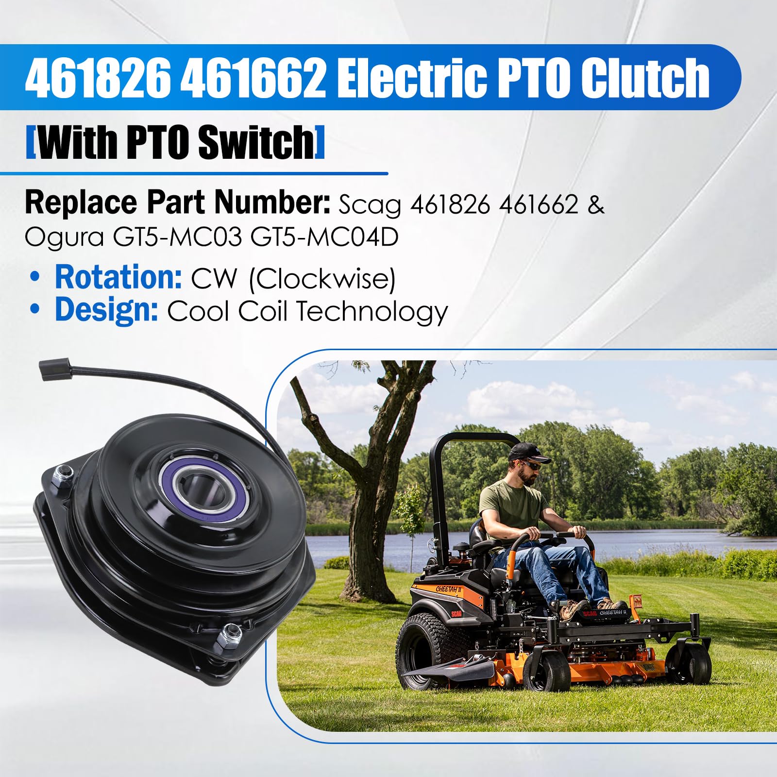461826 461662 - Embrague eléctrico de toma de fuerza con interruptor de toma de fuerza, compatible con cortacésped Scag Cheetah II Tiger Cat II Turf Tiger II, sustituye a # GT5-MC03, GT5
