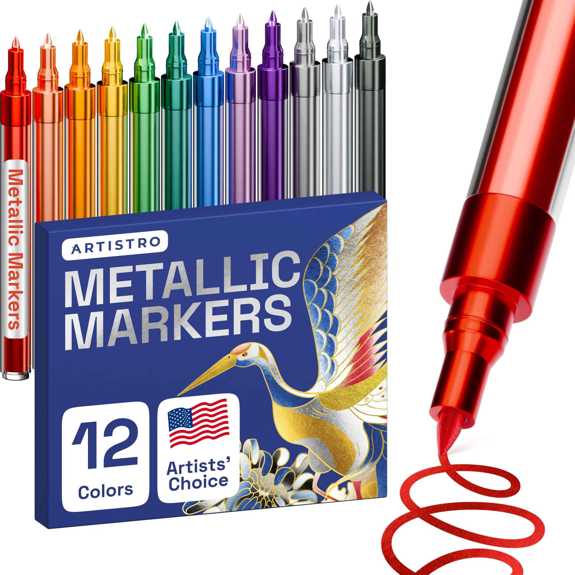 ARTISTRO Metallic Paint Pens Metallic Paint Pens Rock Painting Stone Pebbles Ceramic Glass Wood Cloth Fabric Scrapbooking Photo Album Cardstock Acrylic Paint Marker Set of 12 Extra Fine Tip 0.7mm