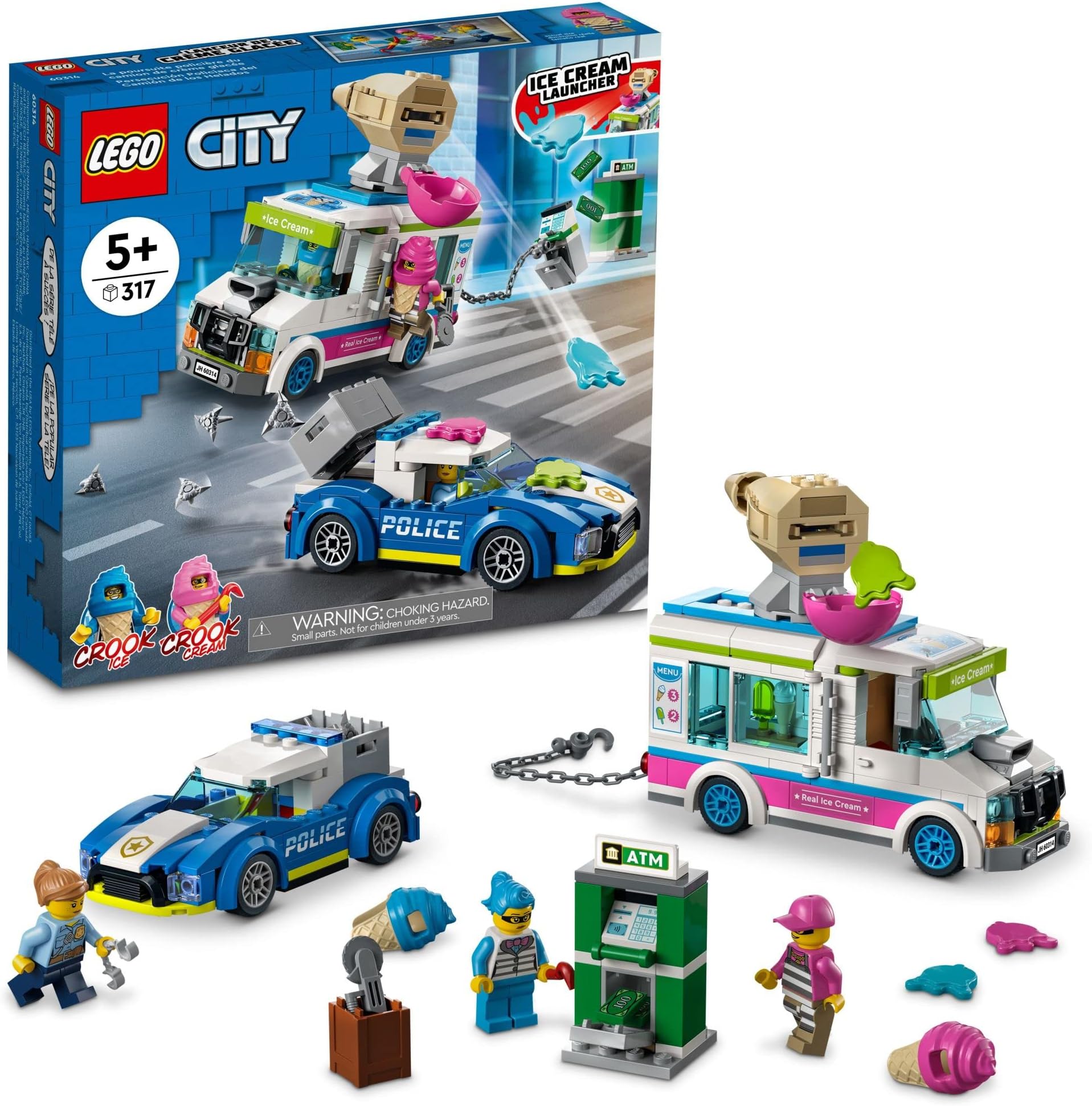 City Ice Cream Truck Police Chase Van 60314 Toy for Kids, Girls and Boys Age 5 Plus Years Old with Splat Launcher & City Police Car