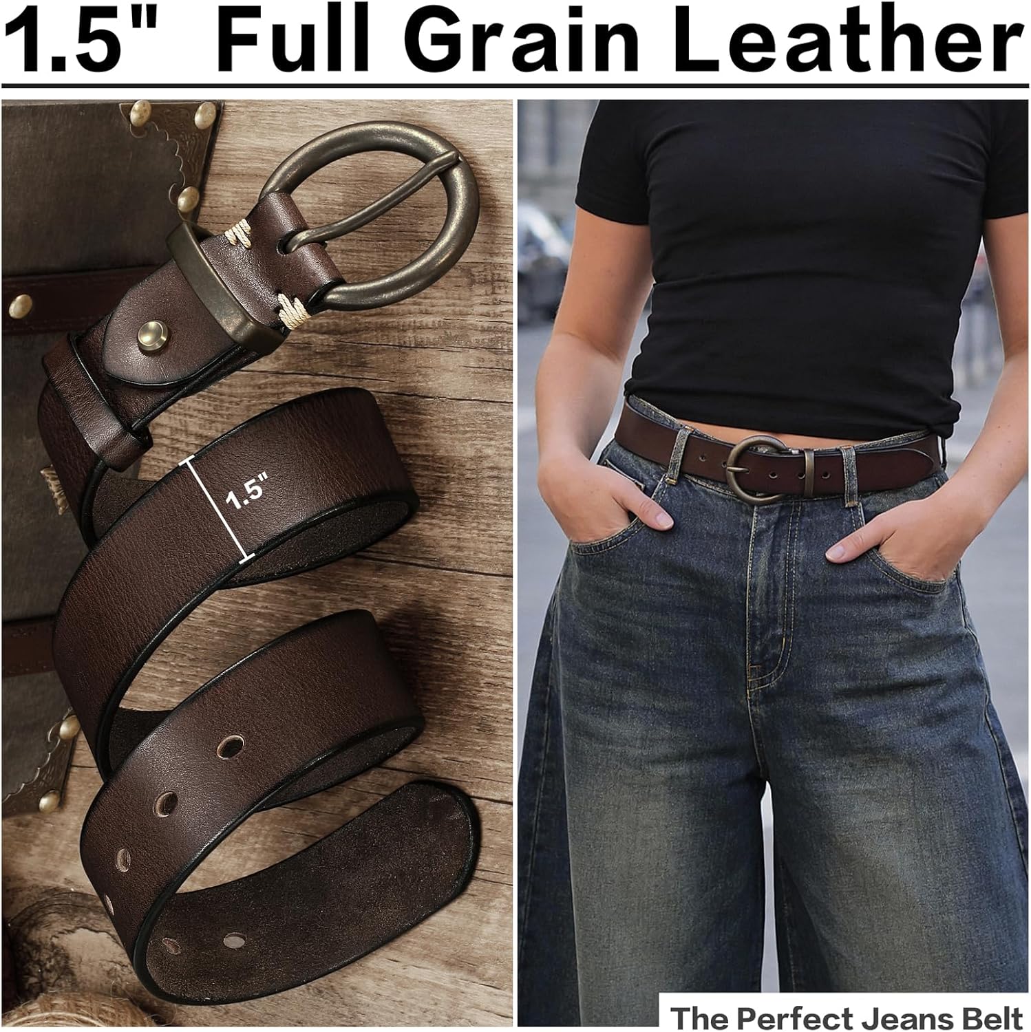 Women's 1.5 inch Leather Belt with Large Brass Buckle - Trendy Vintage Style for Jeans and Pants - Image 4