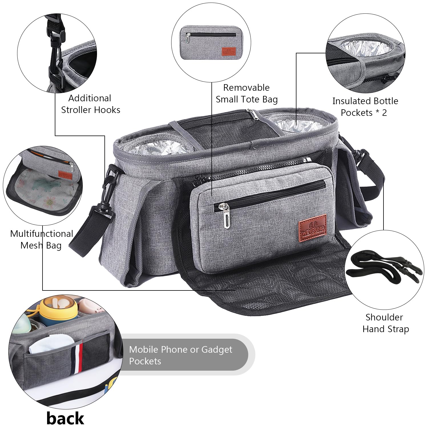 Organizer per Passeggino, Borsa Per Passeggino, Pram Bag Organizer Multifunzione Carrozzina Buggy Storage Bag Con Borsetta Staccabile, 2 Portabicchieri e Tracolla Organizer per Passeggino, Grigio