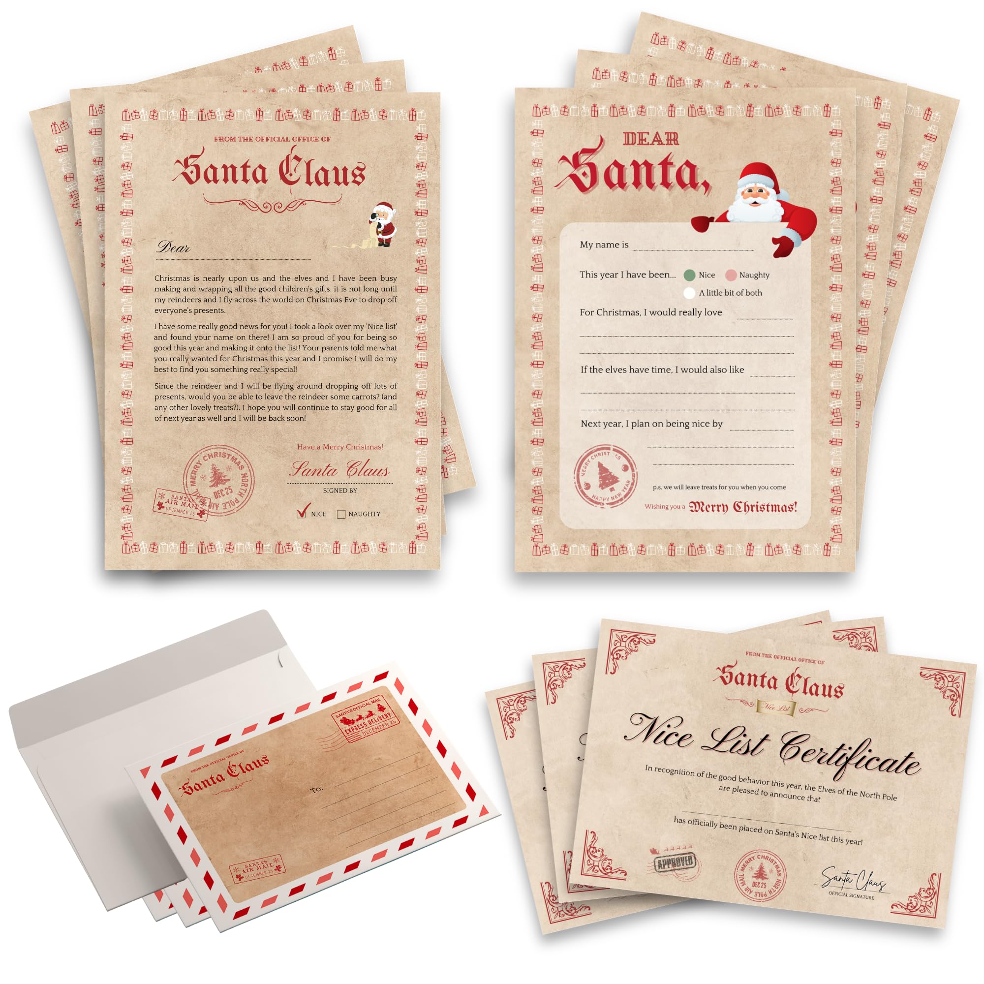Santa Letter Bundle - 3x Letters from Santa, Nice List Certificates, Letters to Santa & Envelopes (12-Piece Set)