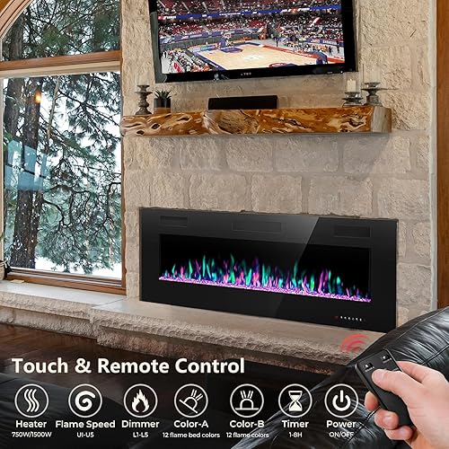 Vista 3 de Insertos de chimenea eléctrica de 50 pulgadas, empotrados en la pared y montados en la pared, calentador ultrafino con temporizador, efecto de llama
