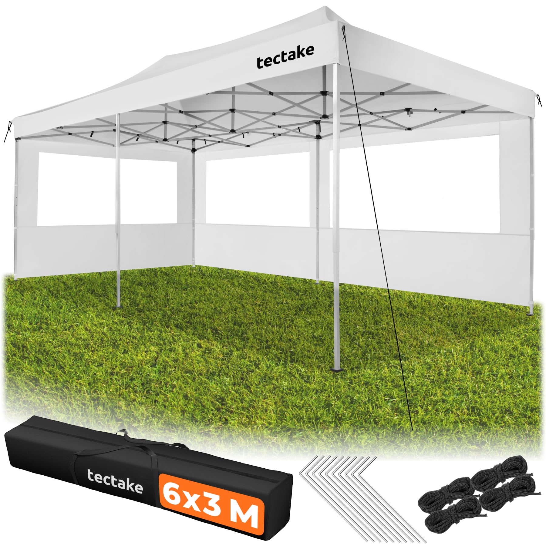 tectake® Gazebo esterno resistente 3X6 cm, Gazebo 3X6 Pieghevole, Telo Impermeabile Protezione UV, Chiusura Scorrevole, Regolabile in 4 Posizioni, 4 Corde e 10 Picchetti, Borsa da trasporto - Bianco
