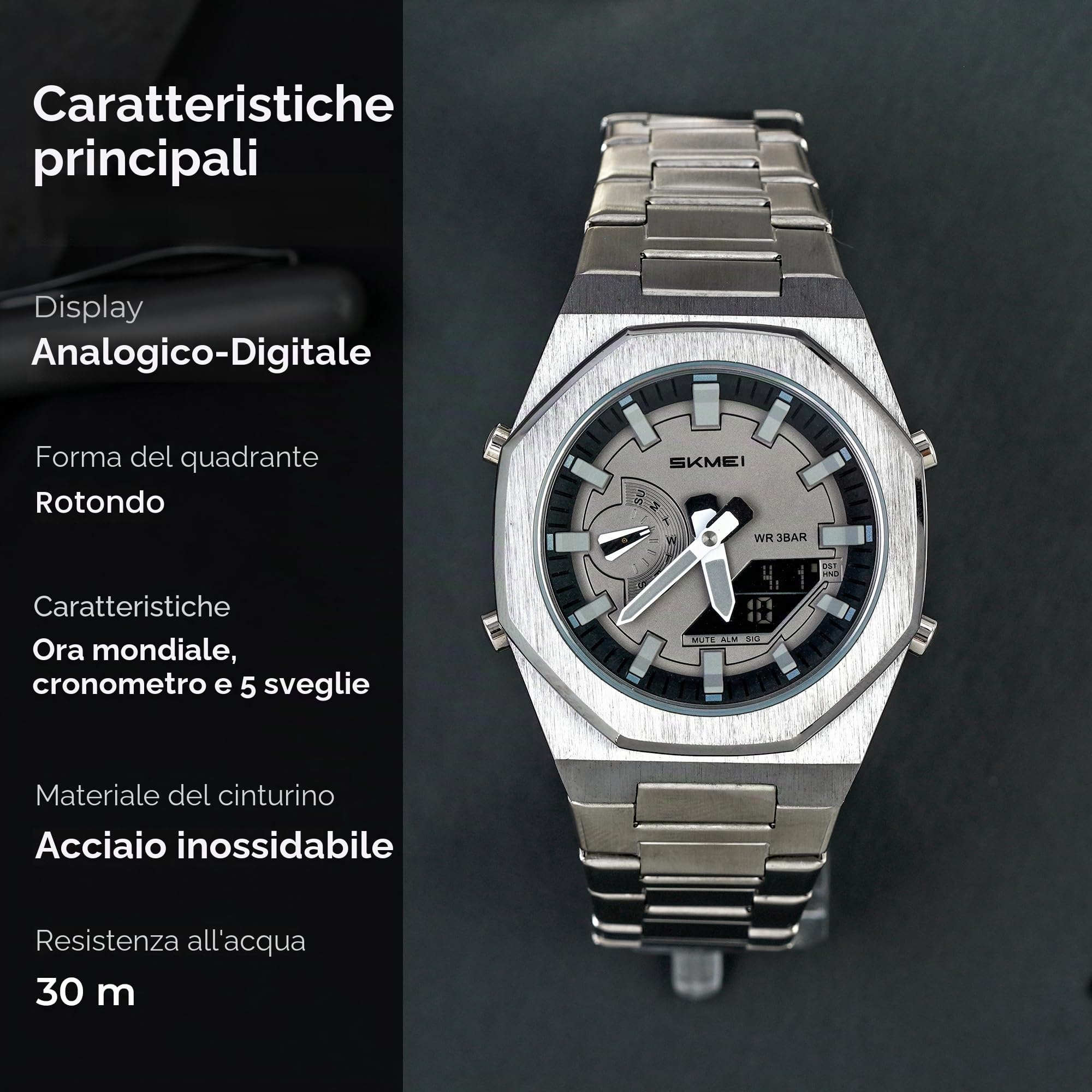 SKMEI Orologio da uomo elettronico a doppio display con luminoso, impermeabile fino a 50 m, orologio sportivo alla moda, multifunzione, 1816
