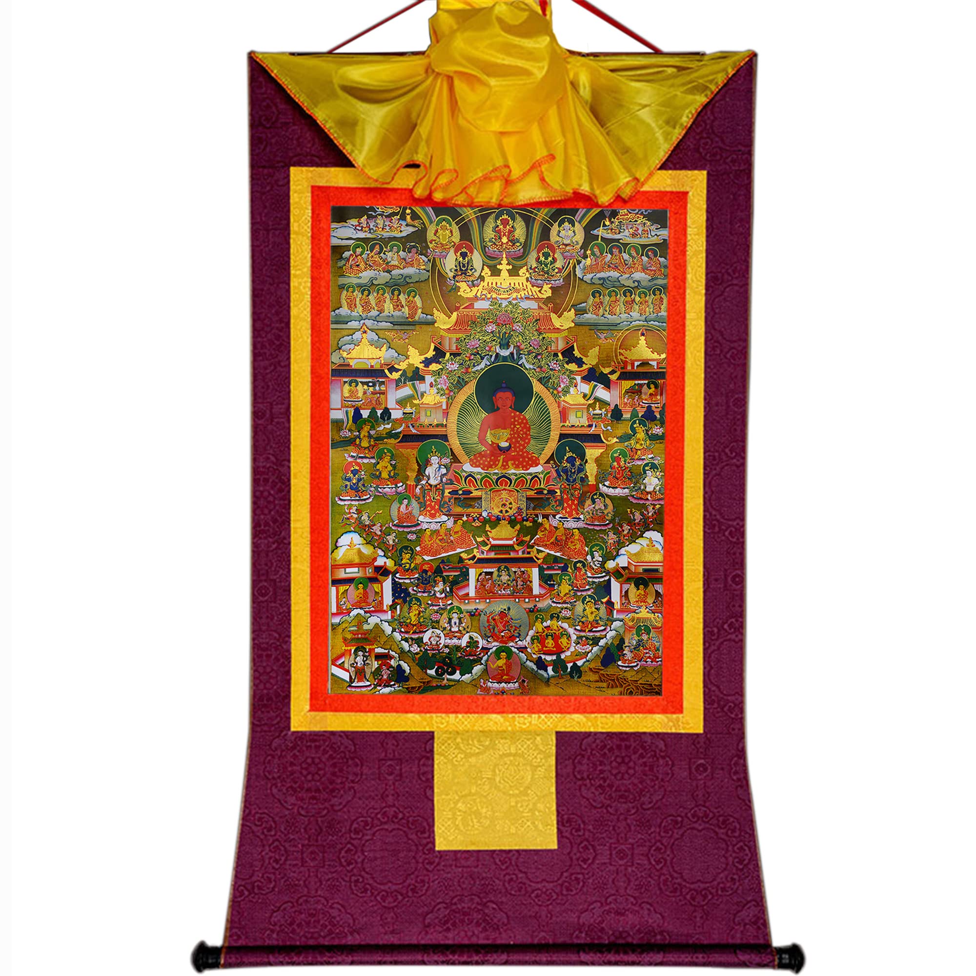 Gandhanra Purple Tibetan Buddhist Thangka Wall Hanging,Amitabha Pure Land Thangka - Elysium Of Buddhism,Hot Stamped Brocade Buddhist Tapestry For Zen Home Decor, Meditation, Spiritual Relaxation