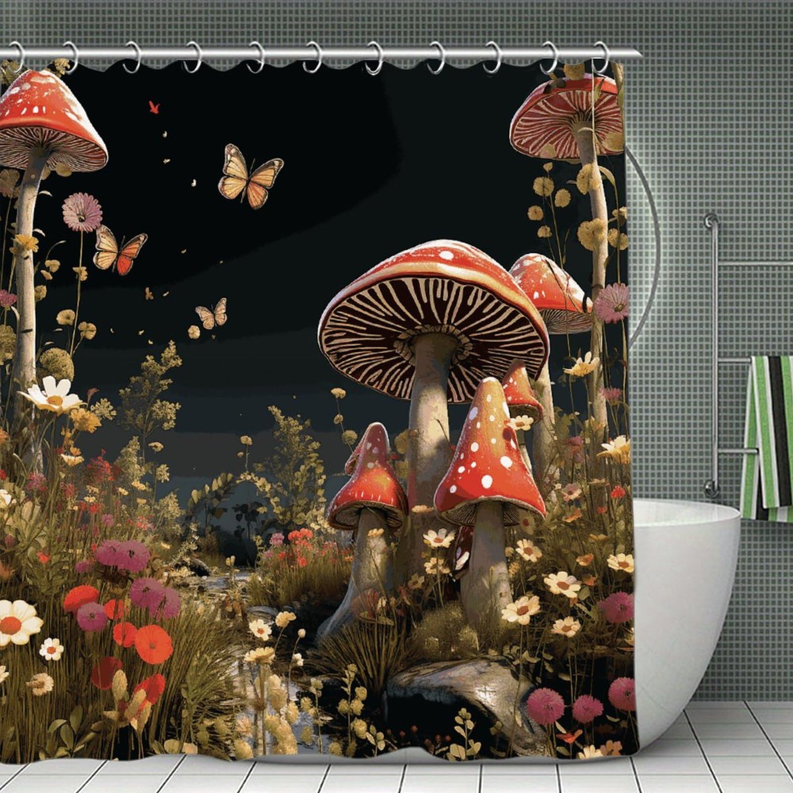VstaDank Fairy Tale Style Mushrooms Shower Curtain Light-Weight Blackout Bathroom Curtain Washable Shower Liner 71x71 Inch Bath Curtain with Metal Holes Bathtub Bath Room