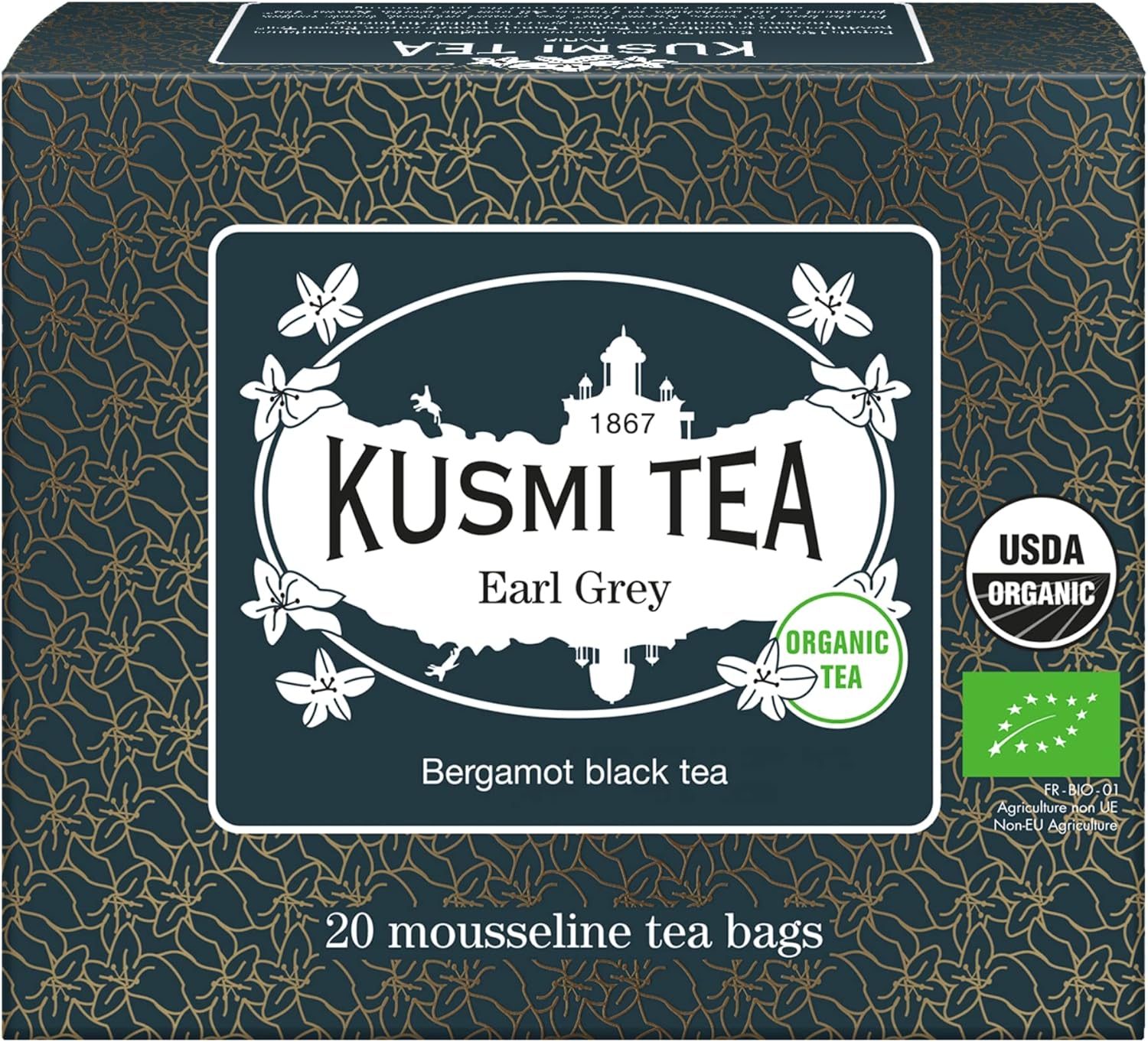 Kusmi Tea – Earl Grey Bio – Thé noir à la bergamote – Boîte thé de 20 sachets mousseline