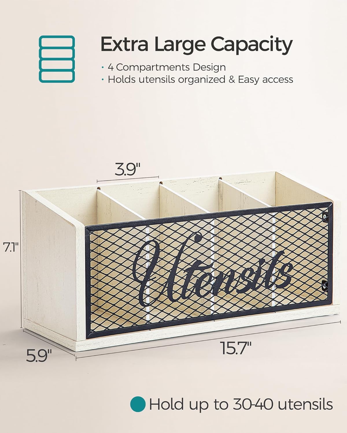 Extra Large Kitchen Utensil Holder with 4 Compartments, Wooden Cooking Utensil Holder for Counter, Farmhouse Utensil Organizer for Countertop, Spatula Holder, Rustic Kitchen Decor, White