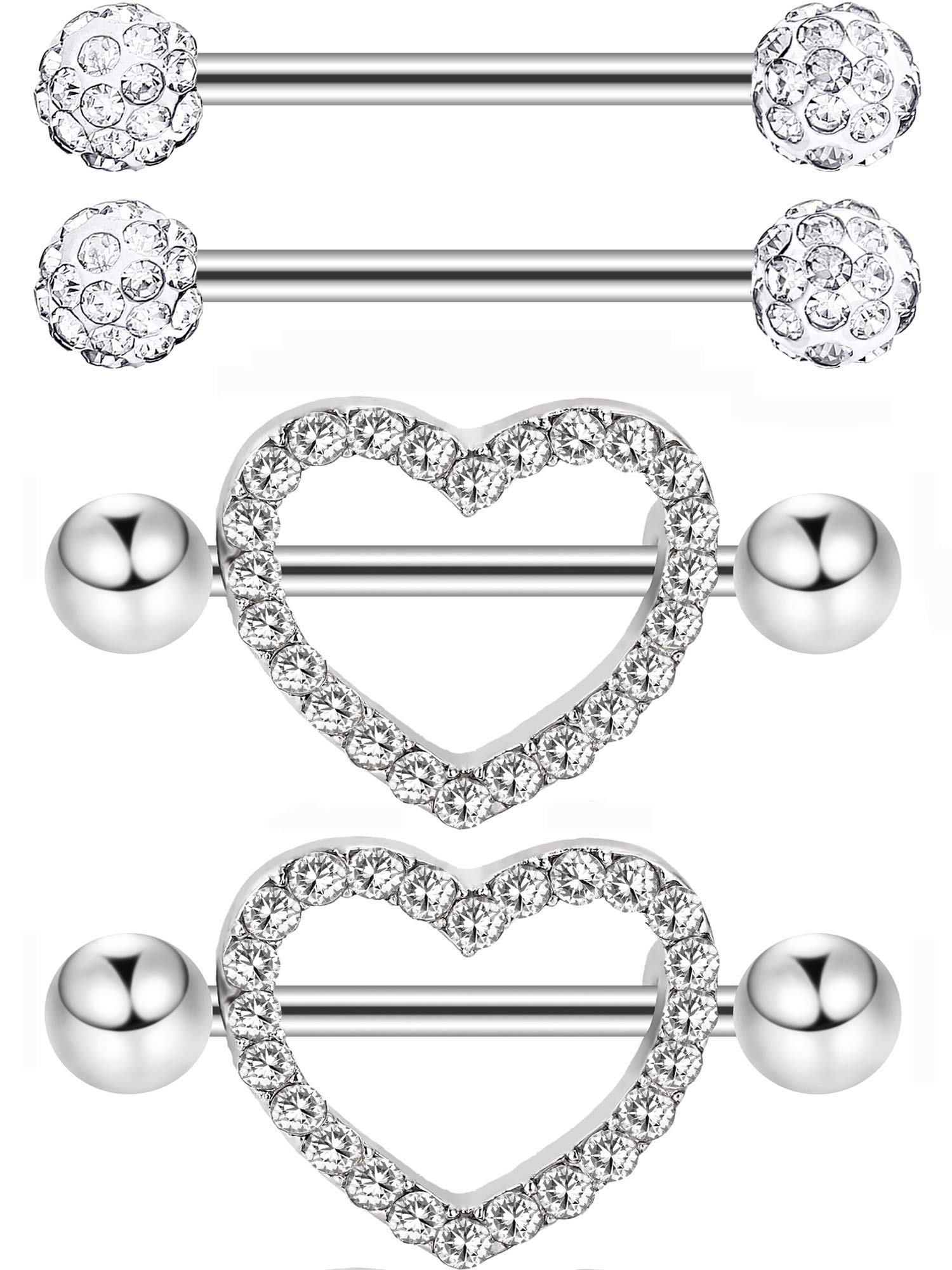 2 pares de anillos de pezón de acero inoxidable con circonita cúbica con diamantes de imitación para pezón, piercing corporal, 14 G, Acero inoxidable y diamantes de imitación