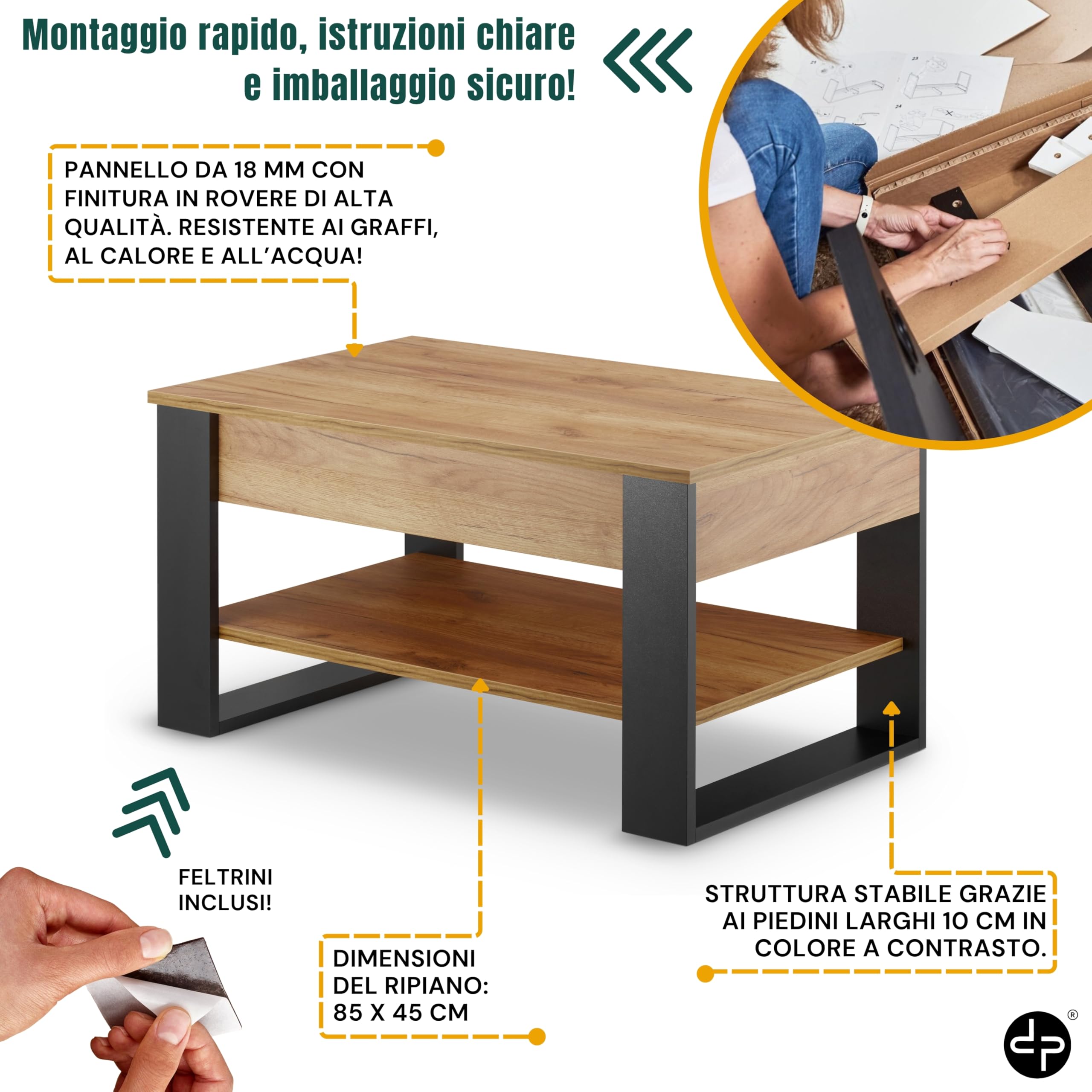 defiPad Tavolino Salotto Sollevabile con Contenitore - Tavolo da Caffè Regolabile in Altezza 45-61 cm - Prodotto nell'UE - Design Moderno Stile Industriale - Coffee Table