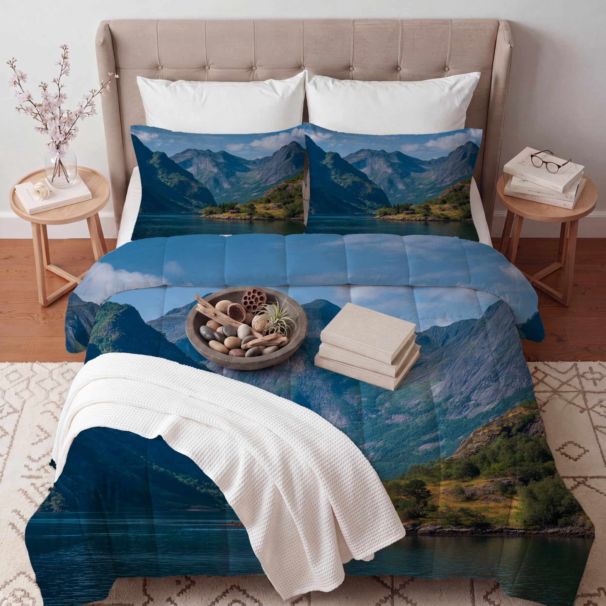 Landschaft Berge See Hütte Bettdecke Ohne Bezug 135x200 cm 4 Jahreszeiten Blau Bedruckte Decke mit 2 Kissenbezügen, Weiche Mikrofaser Steppdecke für Schlafzimmer
