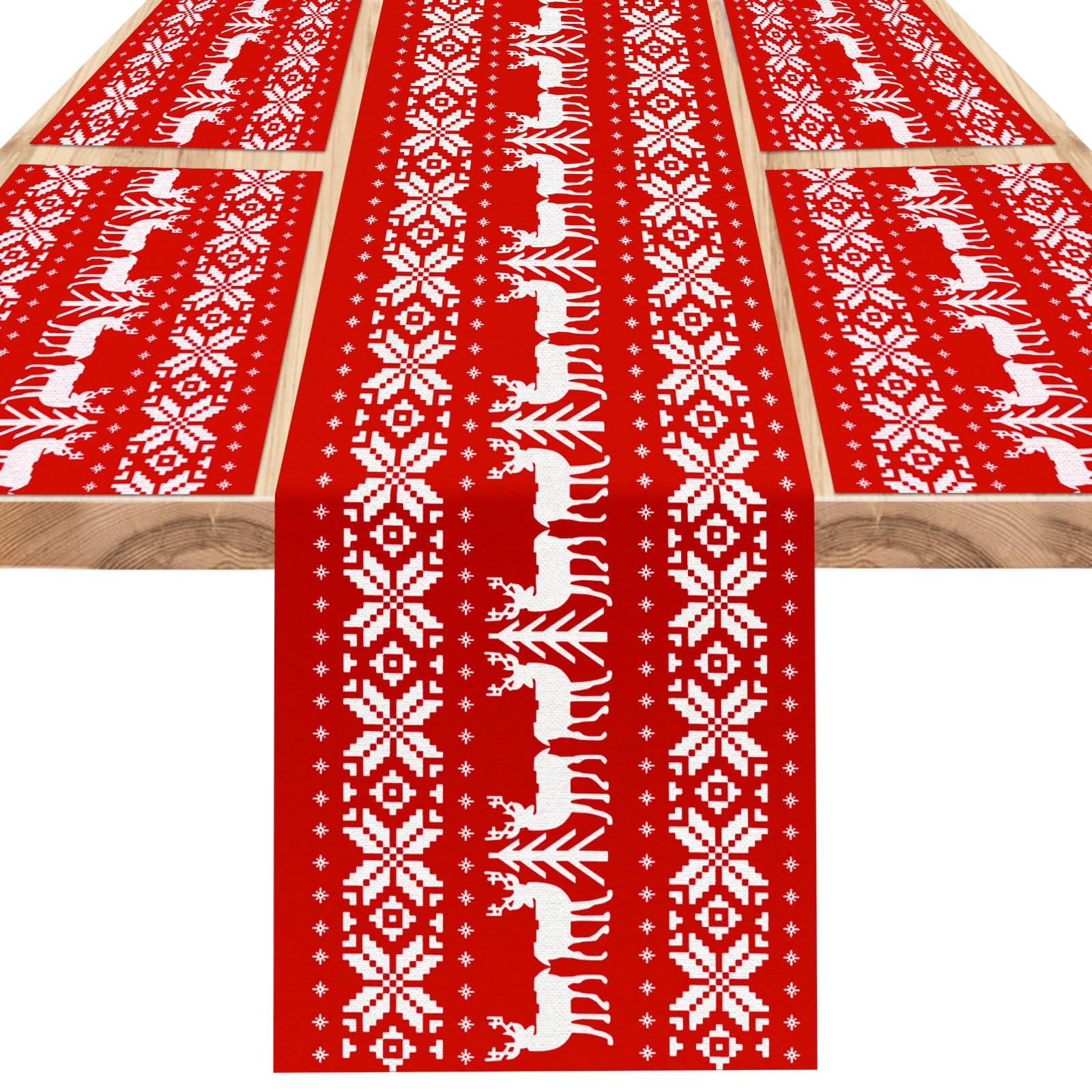 DPKOW Camino de Mesa Navideño Manteles Individuales Rojo, Mesa de decoración navideña Camino de Mesa Alce Navidad manteles Individuales de Tela Lavable, Decoración de Fiesta navideña en casa