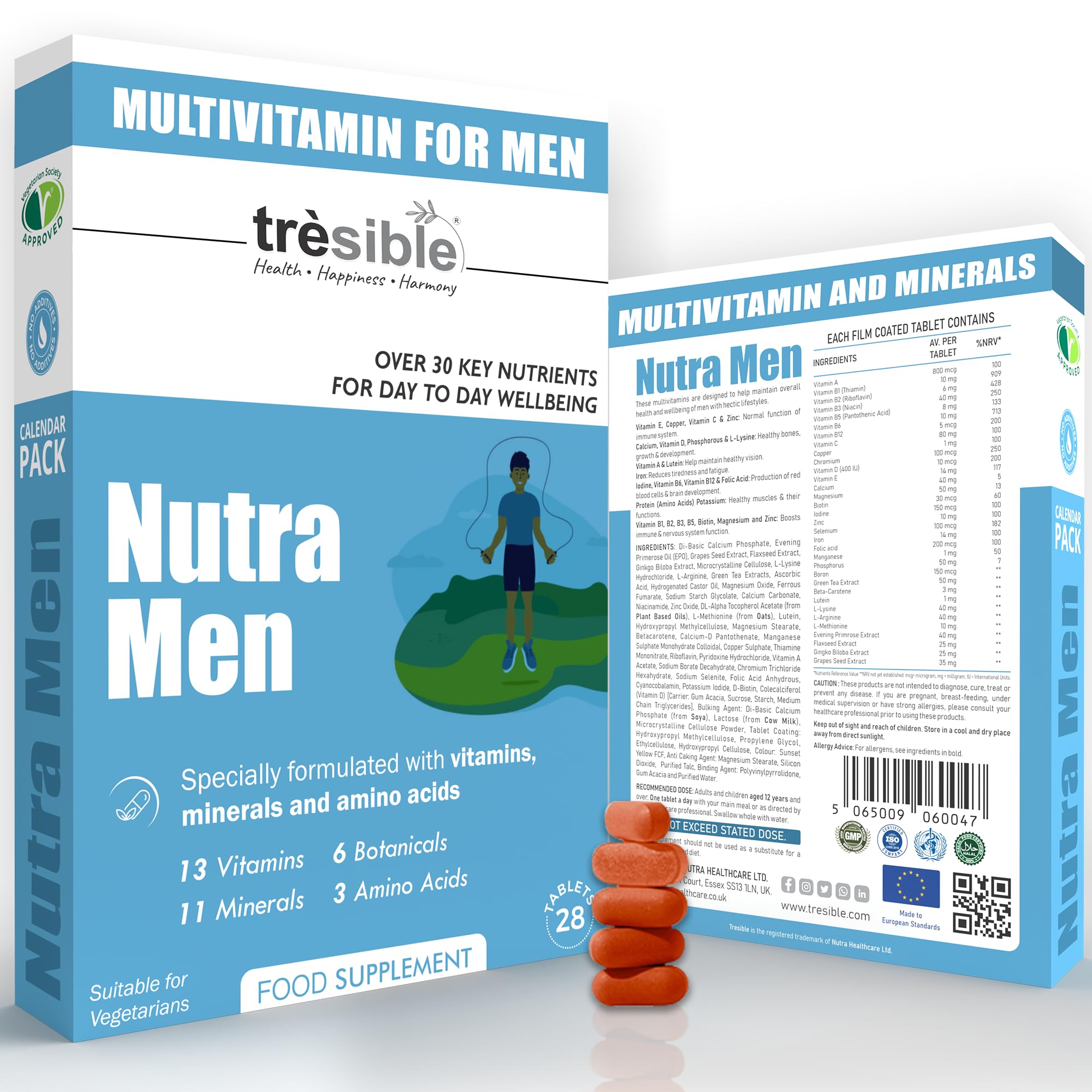Trèsible Men's Multivitamins and Minerals | Nutra Men 28 Tablets | 33 Essential Nutrients | Primrose Extract and Ginkgo Biloba | Vegetarian, Gluten Free, Halal | No Synthetic Binders or Coating
