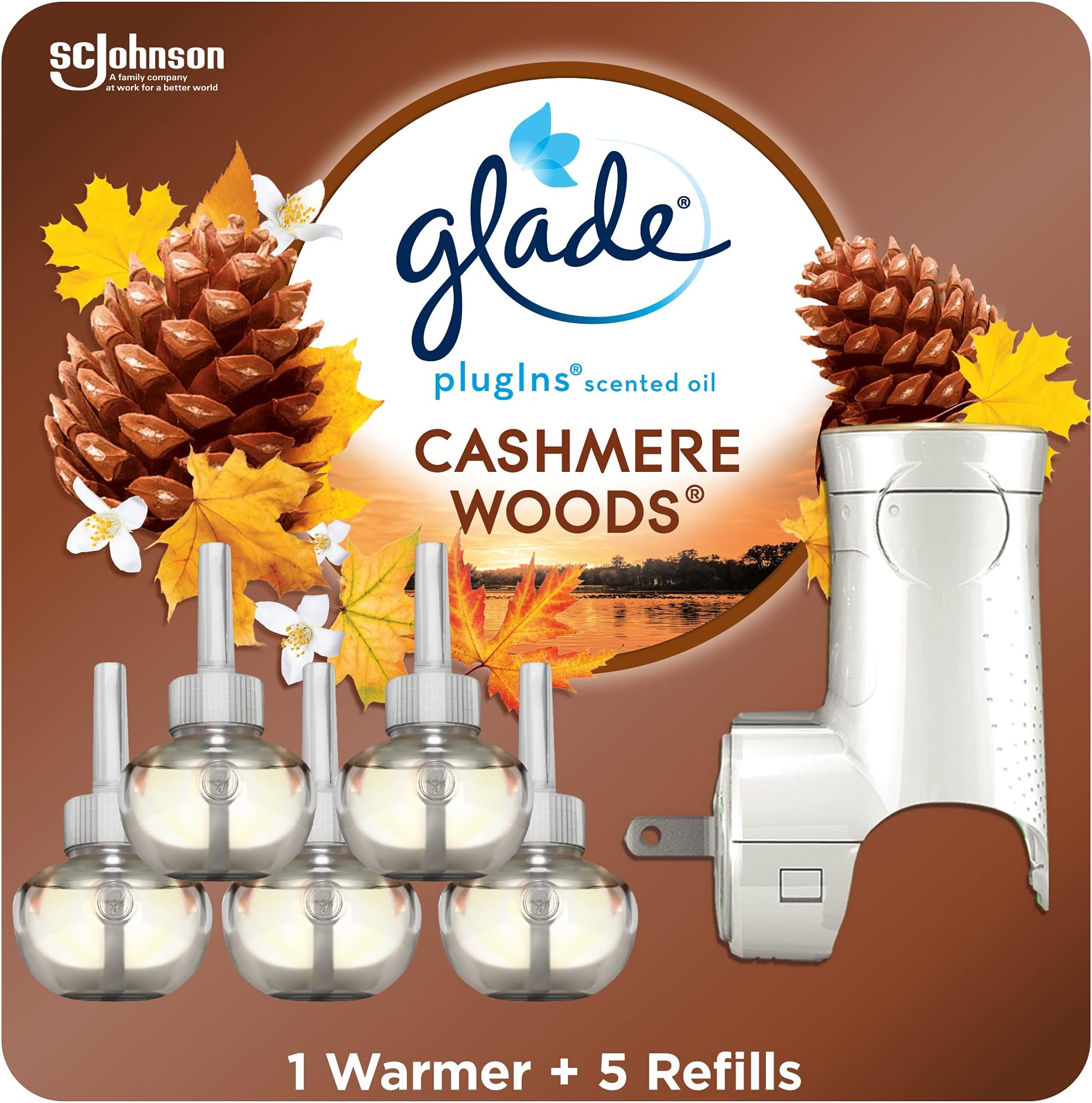 PlugIns Refills Air Freshener Starter Kit, Scented and Essential Oils for Home and Bathroom, Cashmere Woods, 3.35 Fl Oz, 1 Warmer + 5 Refills