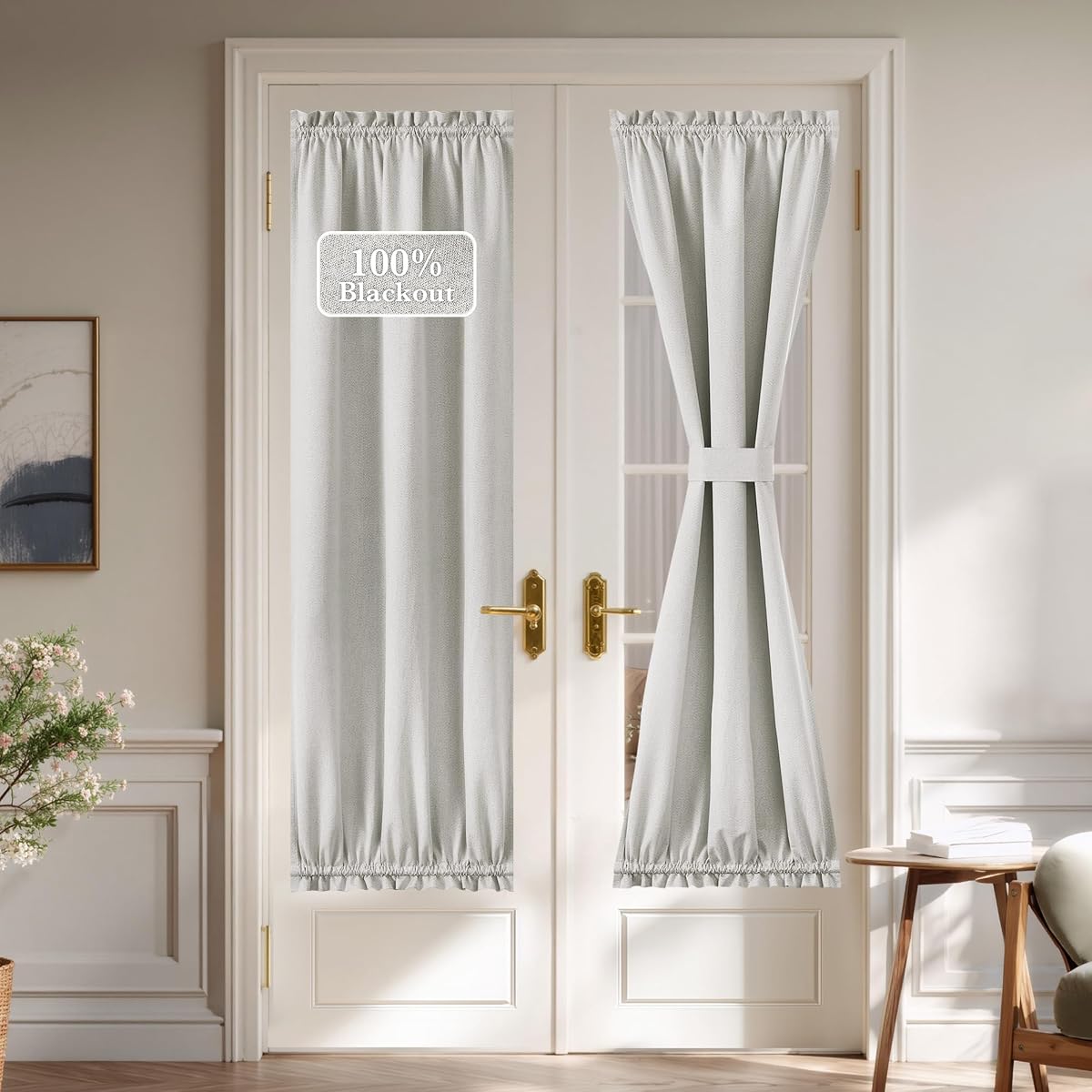 NICETOWN Linen Blackout Door Curtain for French Front Door, Privacy 100% Blackout Thermal Insulated Window Covering for Kitchen Office, 1 Panel, Greyish White, W26 x L64