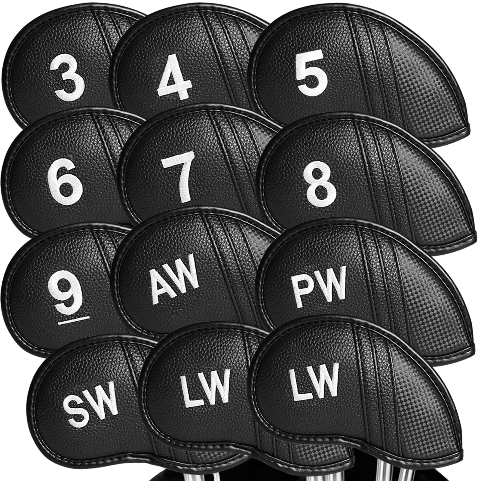 Golf Club Covers Irons Leather Value 12 Pcs, Golf Headcovers with Number Print for Iron Clubs Covers Protected Golfer Accessory Portable (Black)