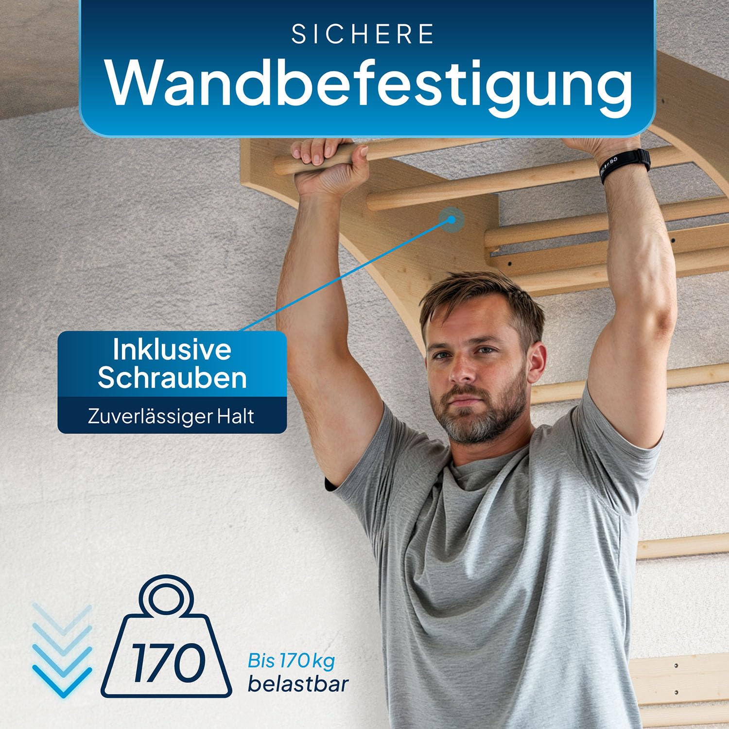 ArtSport Sprossenwand für Erwachsene – Indoor Klettergerüst aus Holz mit Klimmzugstange, stabile Kletterwand zur Wandbefestigung für Fitness & Training – Natur