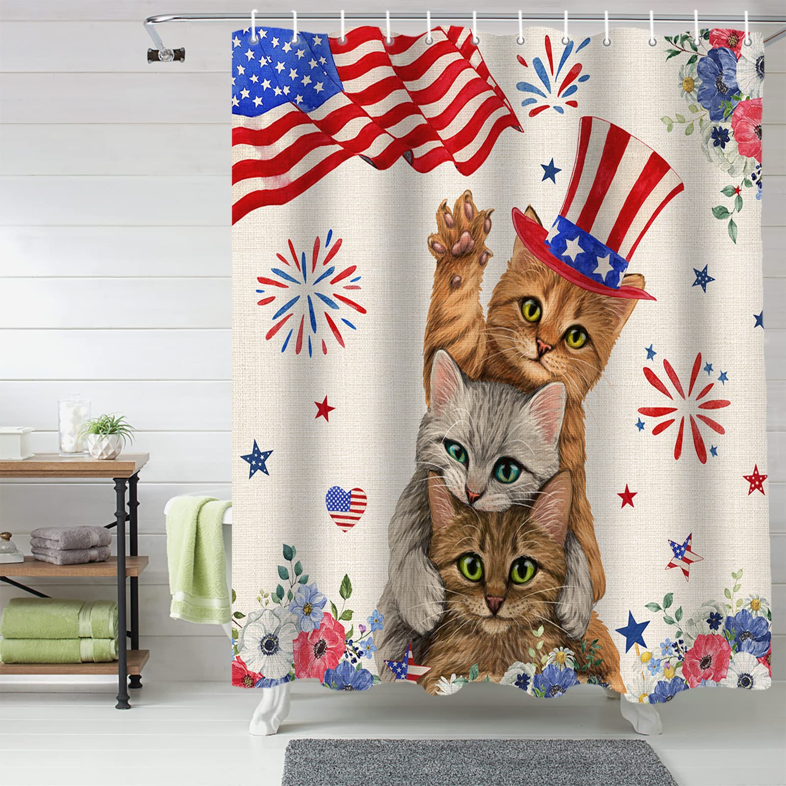 4. Juli Küchenvorhang-Set – 3-teilig, Mit Amerikanischer Flagge & Mohnblumen, Stangentasche, Für Fenster