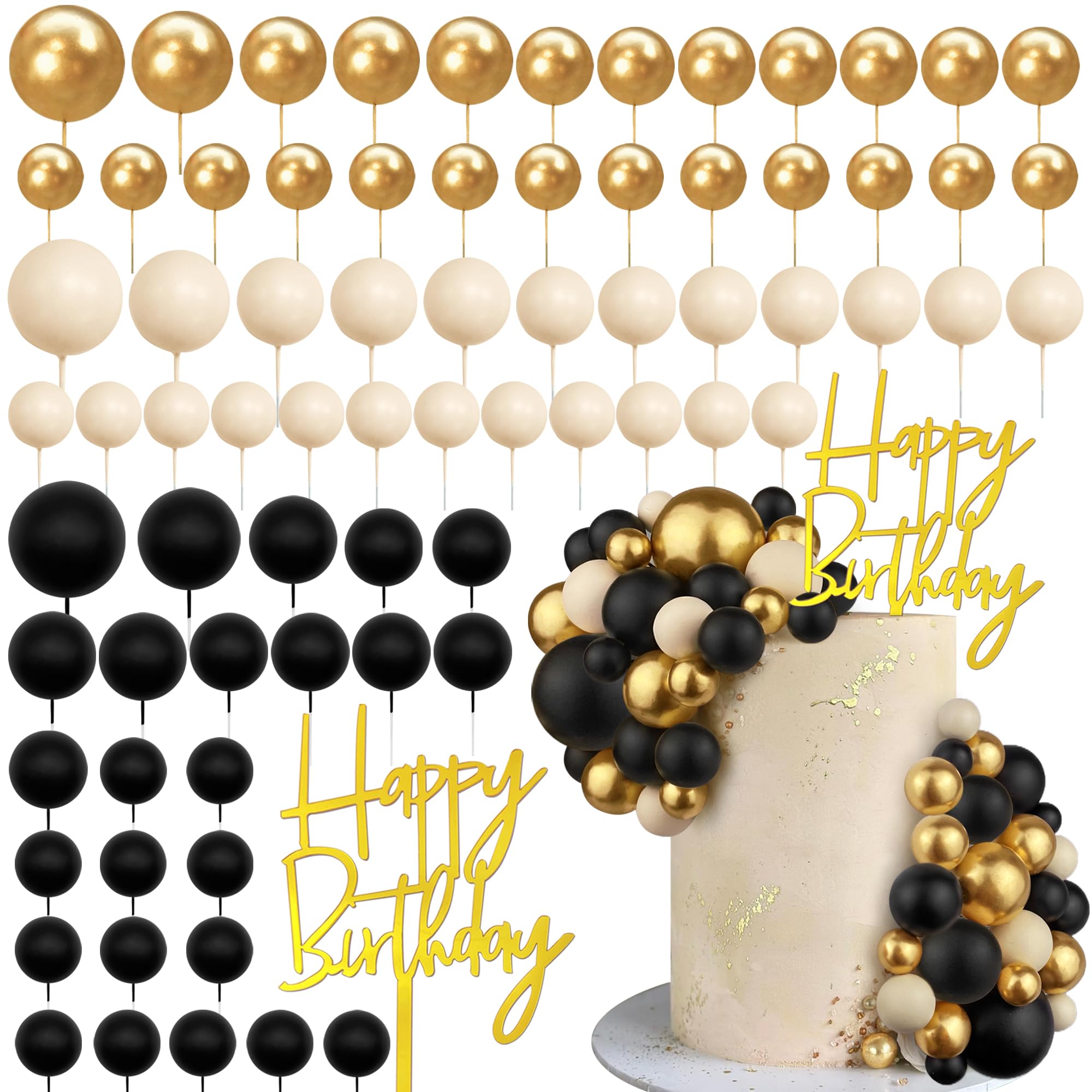 75 PCS Black Gold and Apricot Cake Decorations Balls Cake Topper Happy Birthday Cake Insert Pick for DIY Cake Decoration Baby Shower Wedding Birthday