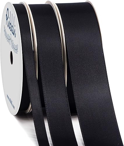 Ribbli 3 rollos de cinta negra satinada sólida de doble cara, total de 30 yardas, (14 pulgadas x 10 yardas, 58 pulgadas x 10 yardas, 1 pulgada x 10