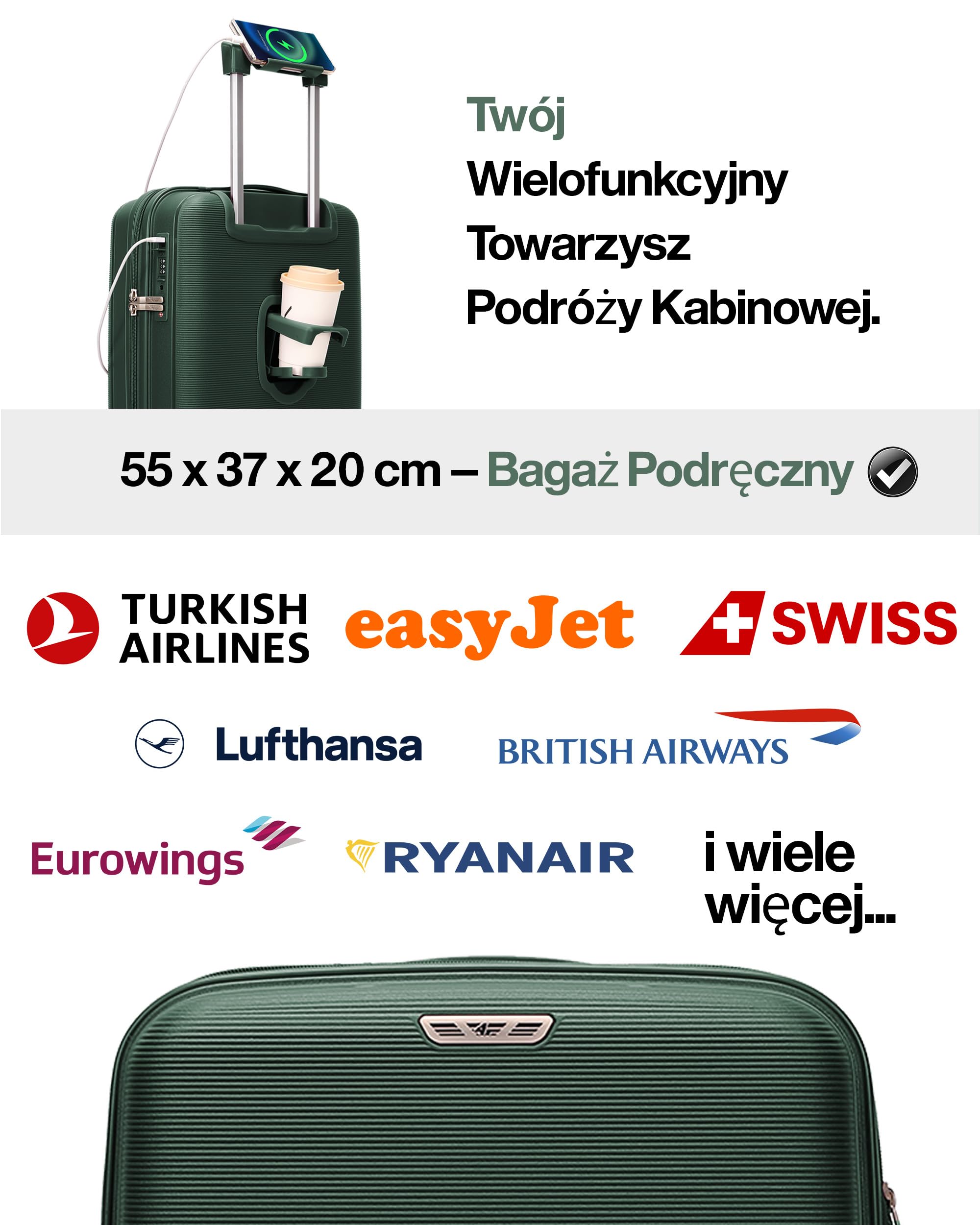 Lekka Walizka Kabinowa Twarda M – 55×37×20 cm (35L), Bagaż Podręczny z Zamkiem TSA, Portem Ładowania USB, 4 Kółka Spinner, Teleskopowa Aluminiowa Rączka, Zgodna z Wymogami Linii Lotniczych