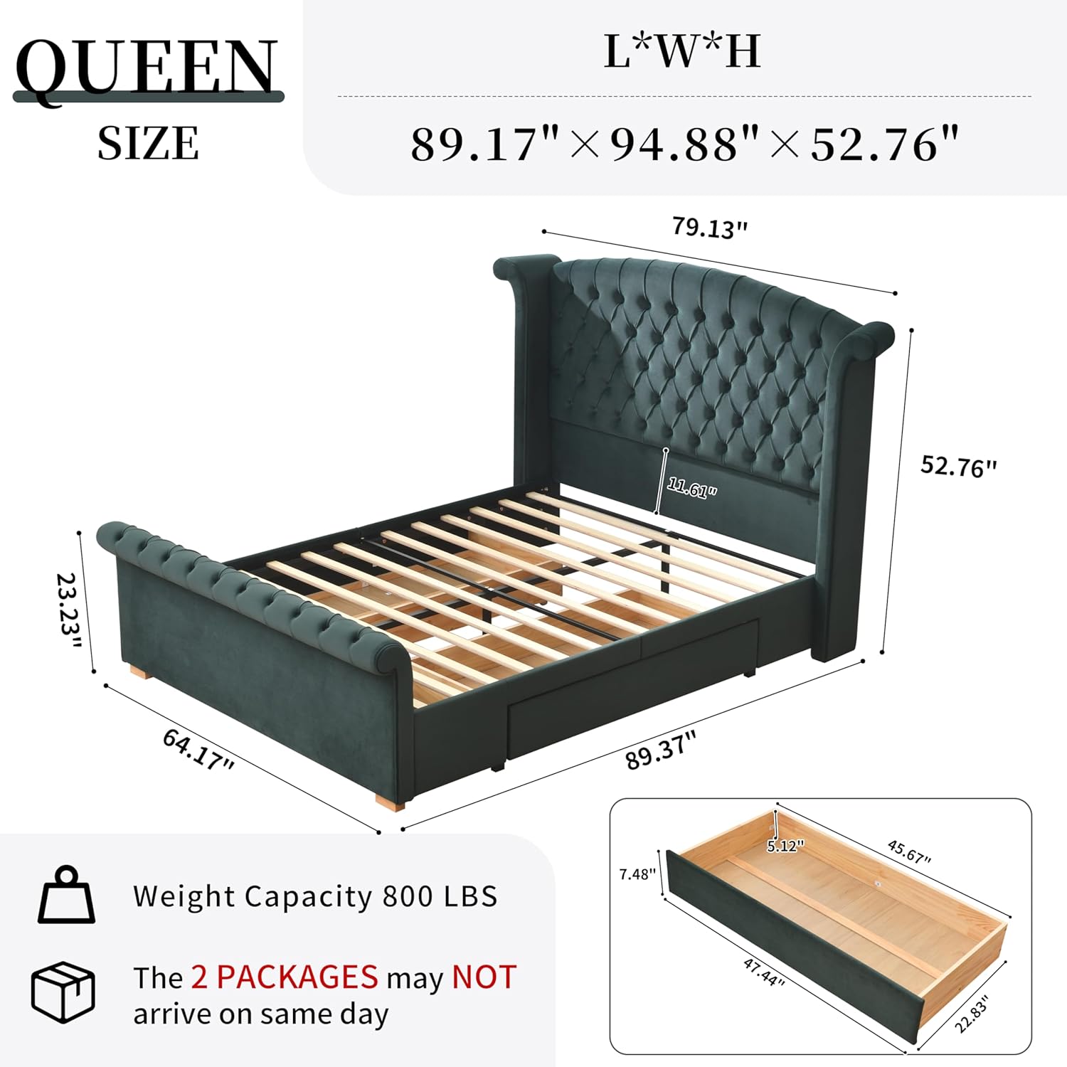 Queen Size Sleigh Bed Frame with Storage, Platform Bed Frame with Headboard & Footboard, Velvet Upholstered Bed with Deep Button Tufted, Noise-Free, No Box Spring Needed, Easy Assembly, Green