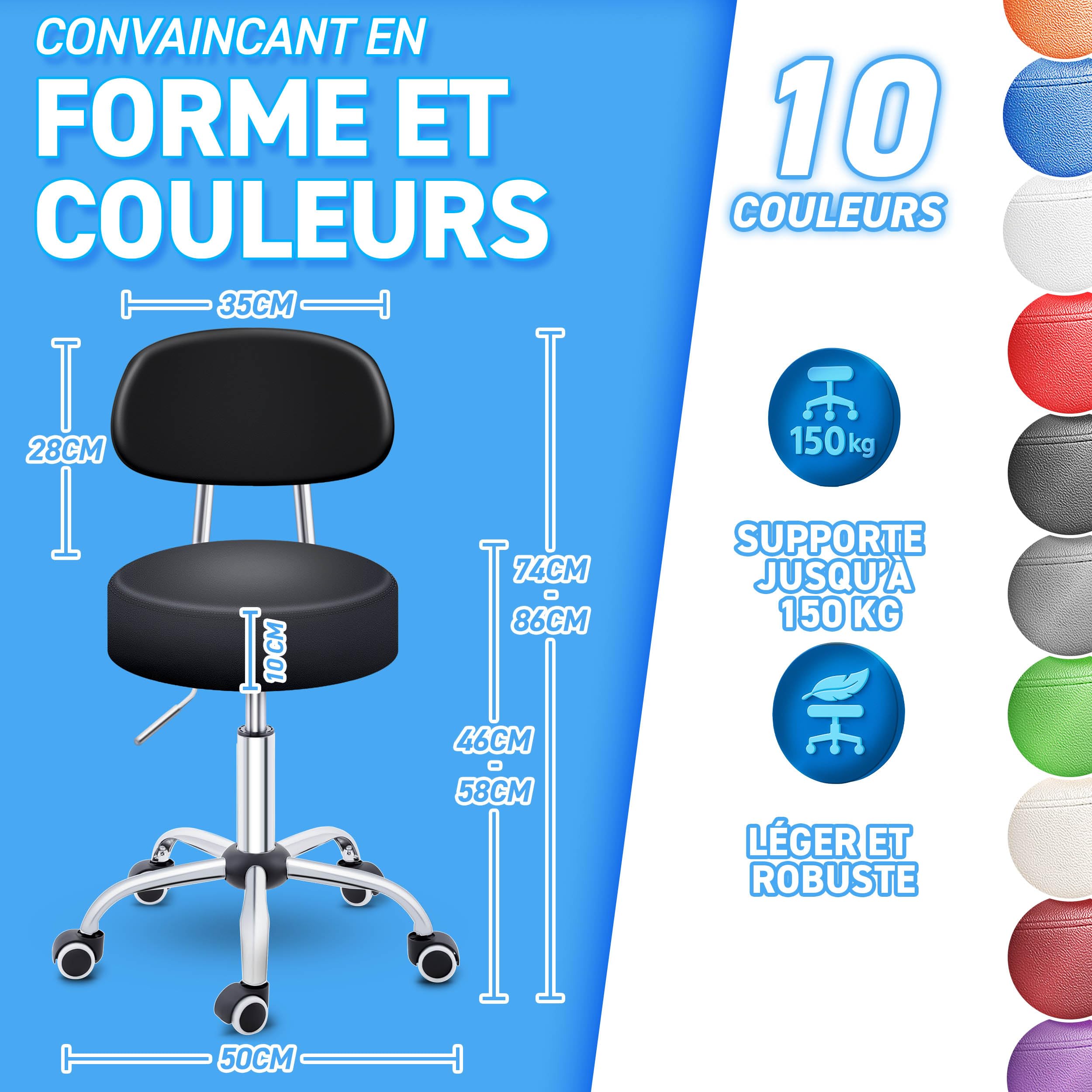 TRESKO® Tabouret à roulettes avec dossier noir - Hauteur réglable de 46 à 58 cm - Tabouret pivotant avec roulettes - Chaise de bureau pivotante - Tabouret cosmétique