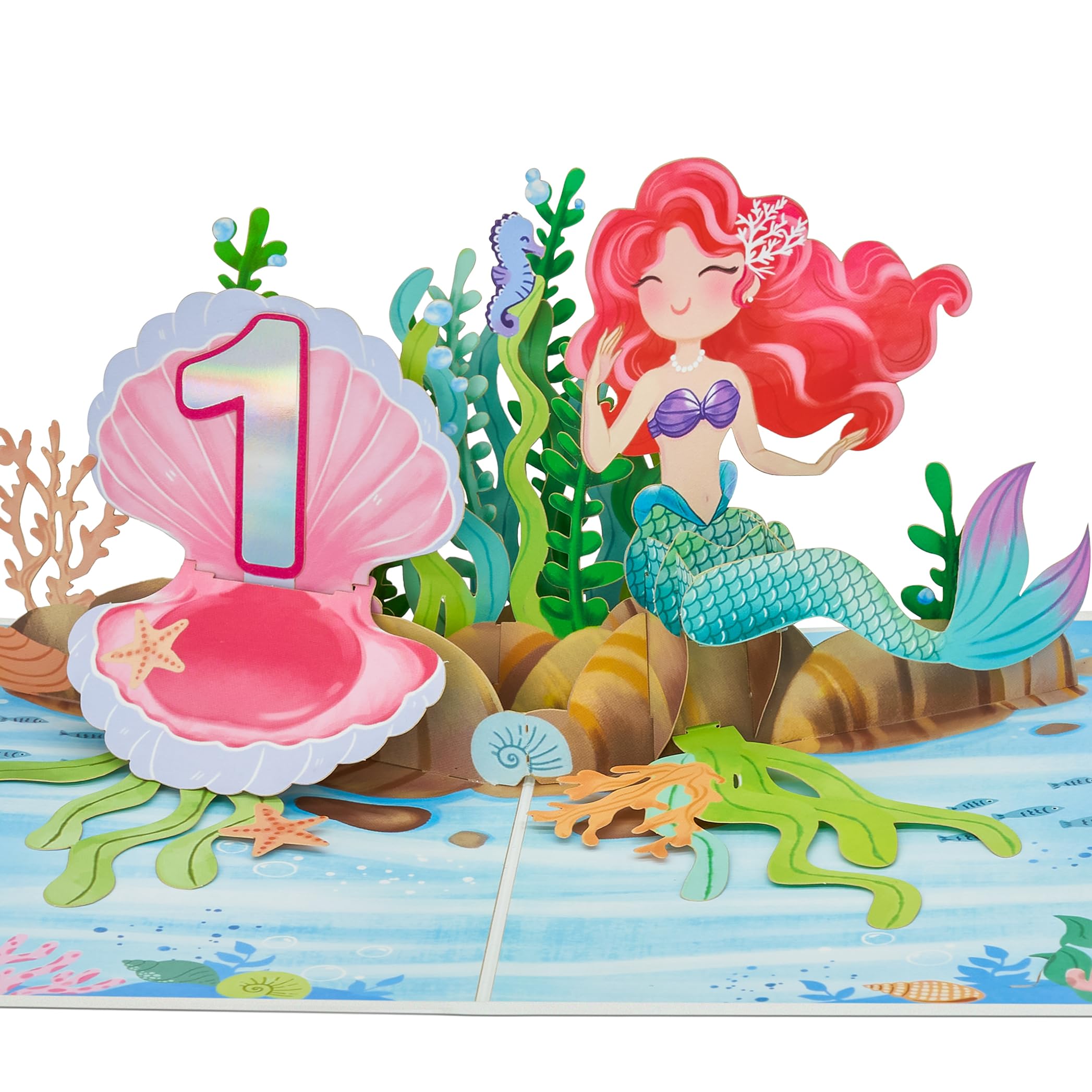 POPWOW Happy 1st Birthday Pop Up Card, Mermaid, Pearl Shell, Ocean, 3D Greeting Card, Gifts for Girls, Daughter, Granddaughter, Niece, 5x7 - Includes