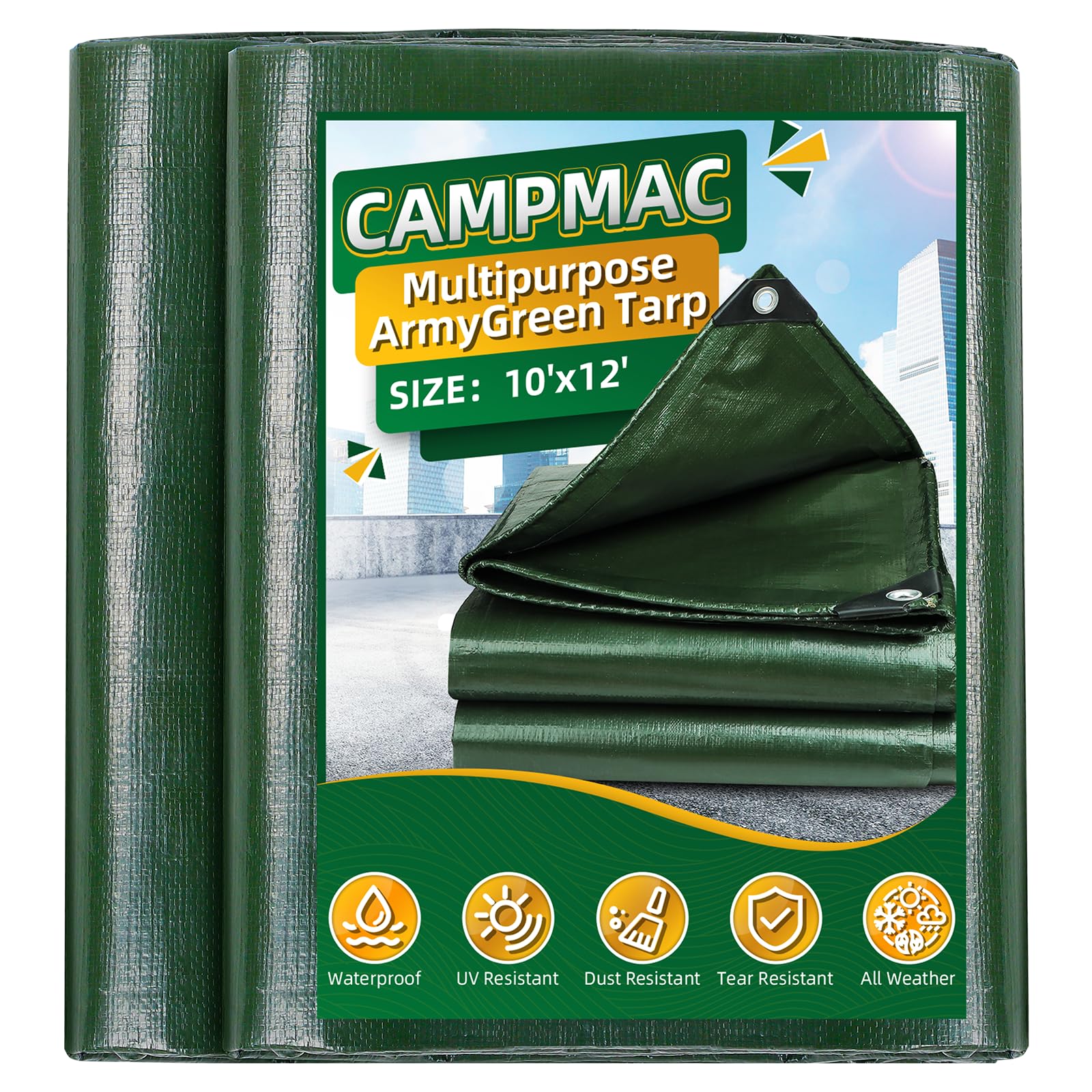 CAMPMAC ArmyGreen Polyethylene Tarp Cover, 8 Mil Thick Grommets Spacing of 20 Inches (ArmyGreen, 10 Ft x 12 Ft)