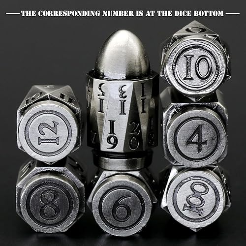 Miniatura 7 de Dados de bala para Calabozos y Dragones, juego de dados de metal D y D poliédricos D y D para juegos de rol, dados Cyberpunk únicos para temas de
