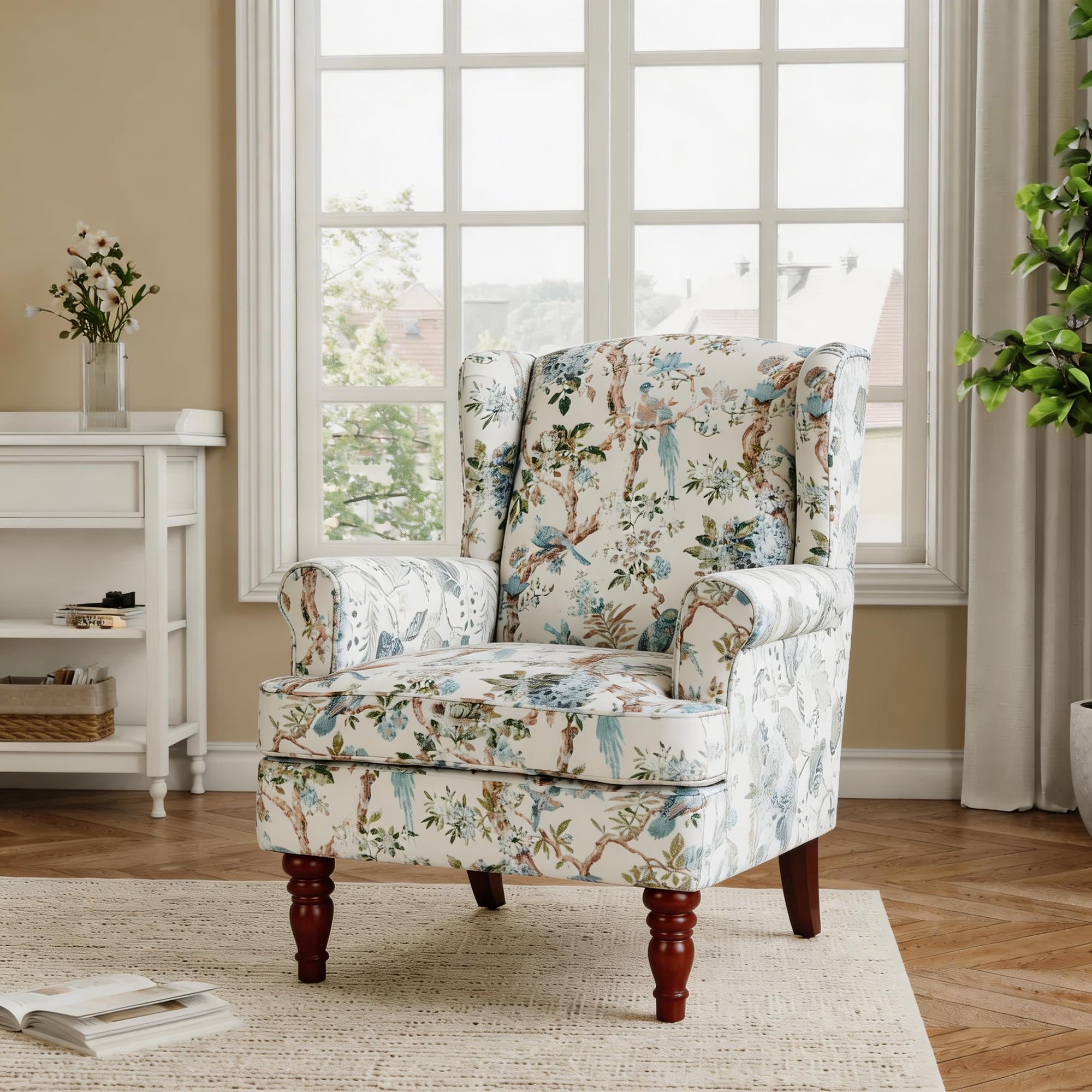 AZRBOPO Wingback Armchair, Retro Accent Chair Soft Padded Fabric Lounge Padded Sofa Chair, Retro Vantage Leisure Armchair for Living Room Bedroom - Solid Wood Frame - Bird