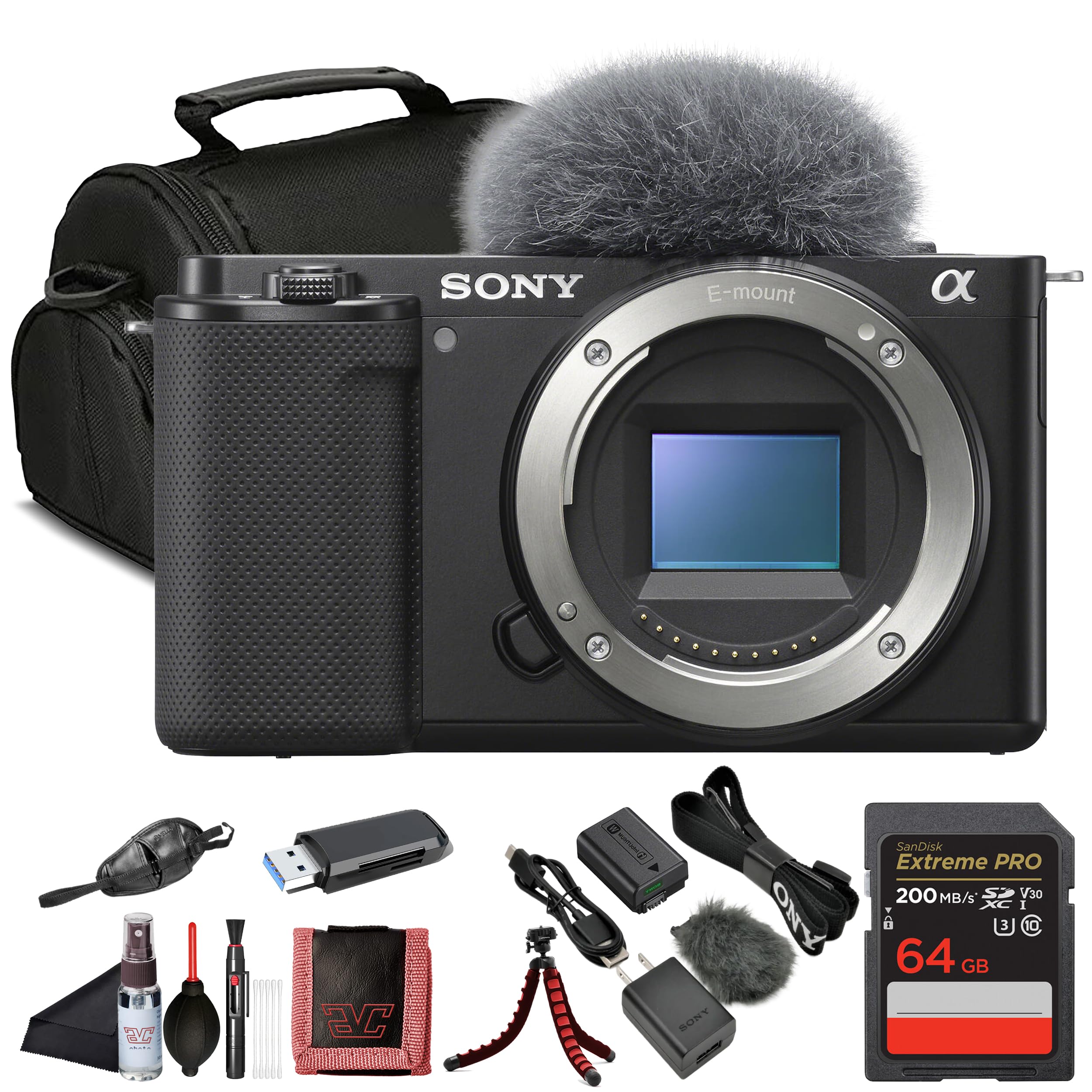 Sony ZV-E10 Mirrorless Digital Camera Body (ILCZV-E10) – 24.2 MP APS-C Sensor, 4K Video, Vari-Angle Screen w/ 64GB Memory Card + Bag + Card Reader +