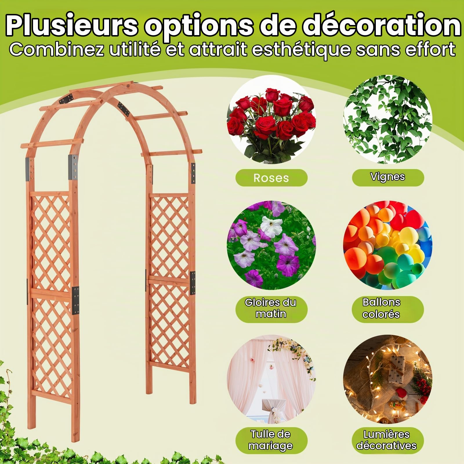 RELAX4LIFE 2,3M Arche de Jardin en Bois avec Treillis pour Plantes Grimpantes & Rosiers & Vignes, Pergola d'escalade pour Décoration Pelouse Arrière-Cour, 160 x 60 x 217cm (132x45.5x235cm)