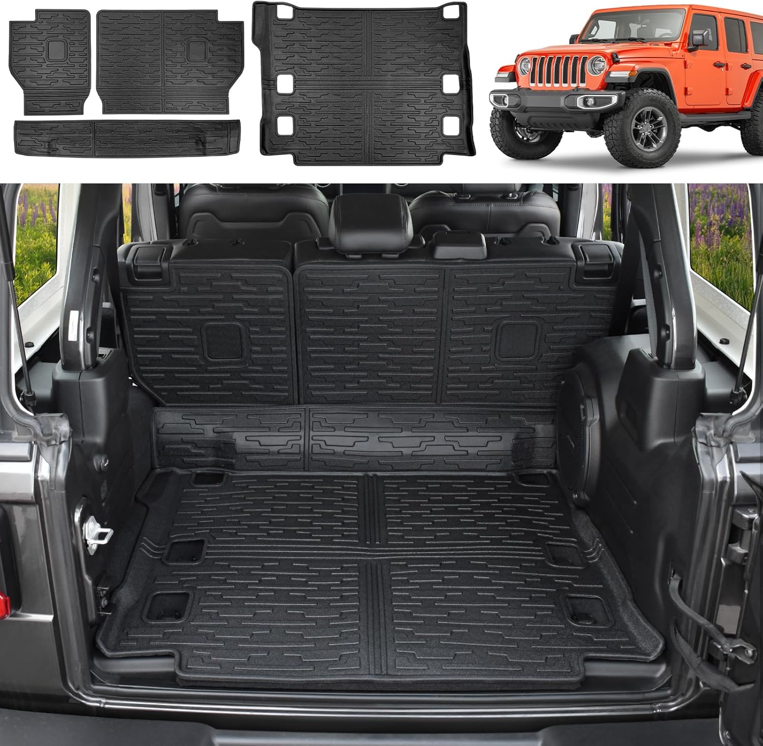 Cargo Mats for 2021-2024 Jeep Wrangler 4XE with Subwoofer, Trunk Mat with Backrest Liner All Weather TPE Protector Rear Back Seat Mats for 21-24 Wrangler JL 4XE 4 Door(Not Fit 4X4) Trunk Mat+Backrest Mat(4XE W/ Subwoofer)