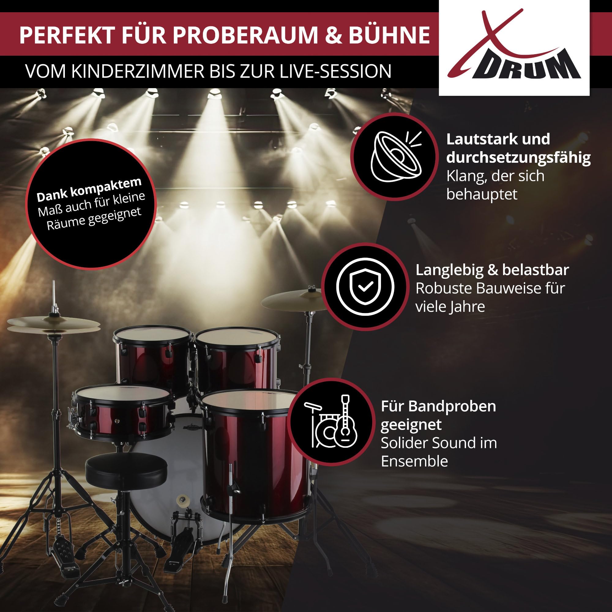 XDrum Rookie 22" Standard Schlagzeug Komplettset Ruby Red - Ideal für Einsteiger - Stylische Hardware in schwarz - Inkl. Drumsticks 5B, Aufbauanleitung und Schlagzeugschule - Rot