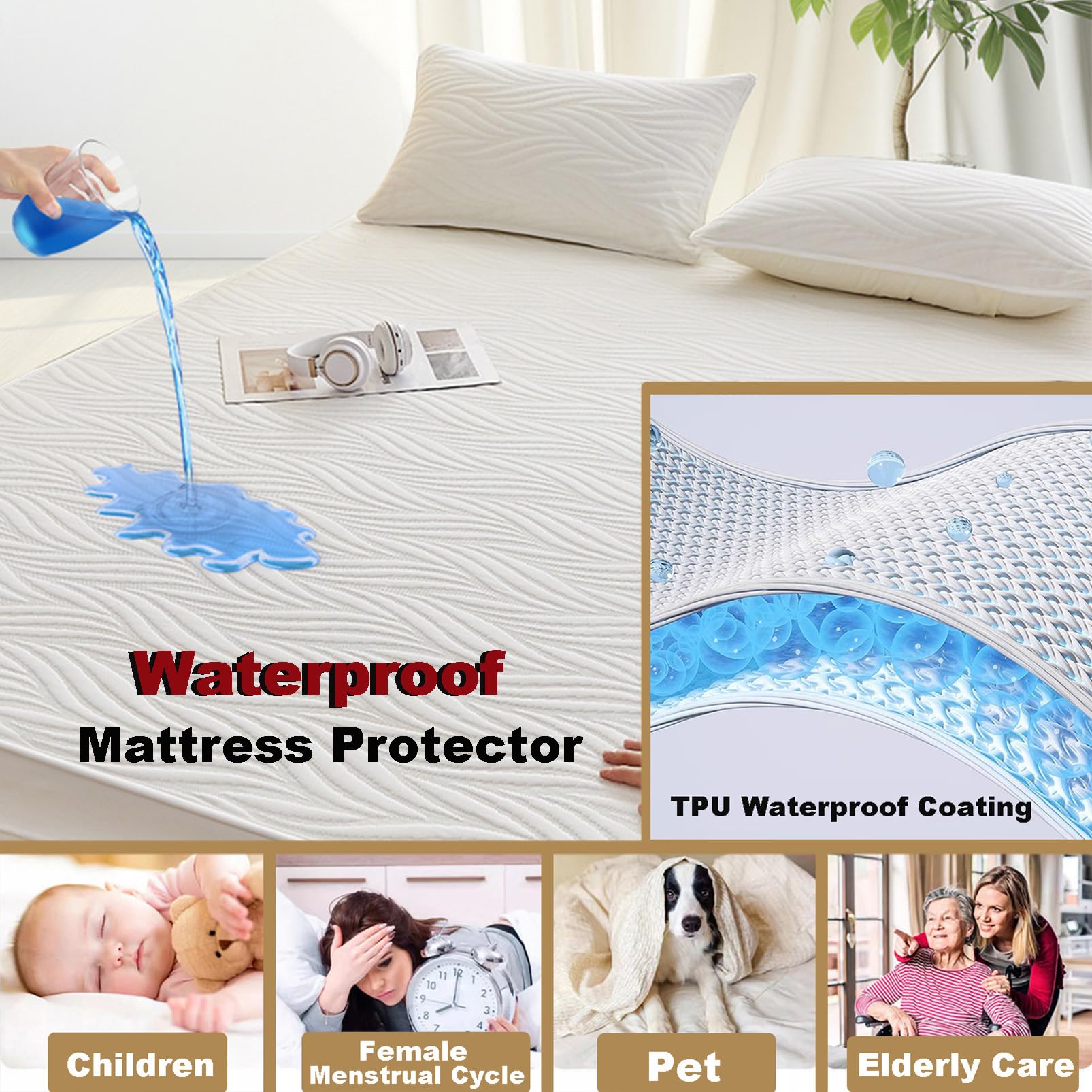 Protector Colchón, Cubre Colchon Impermeable Transpirable, Protector Colchon Impermeable Acolchado, Protector Cama,Rosado,200x200cm