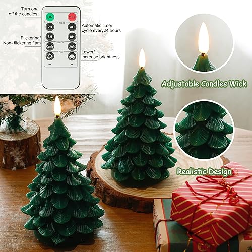 Miniatura 3 de 2 velas de árbol de Navidad sin llama con temporizador remoto, velas parpadeantes que funcionan con pilas, velas LED de cera real para celebración